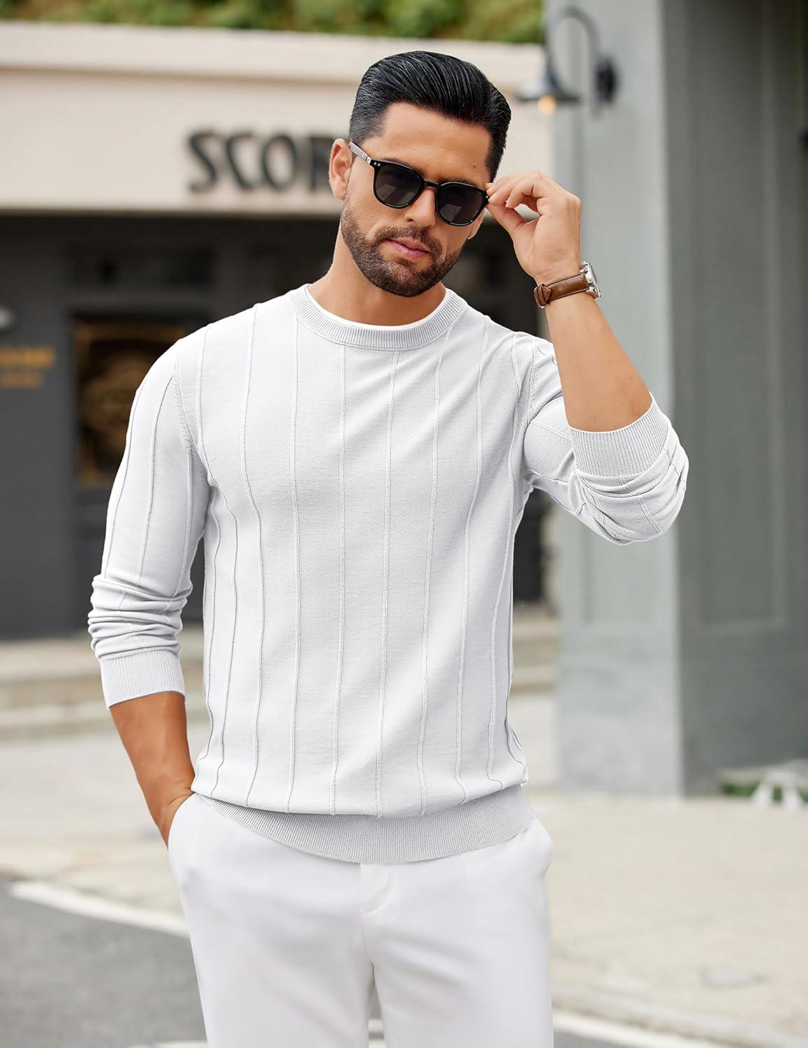 imageCOOFANDY Mens Crew Neck Sweater Long Sleeve Ribbed Knit Dress Sweaters Casual Slim Fit PulloverWhite