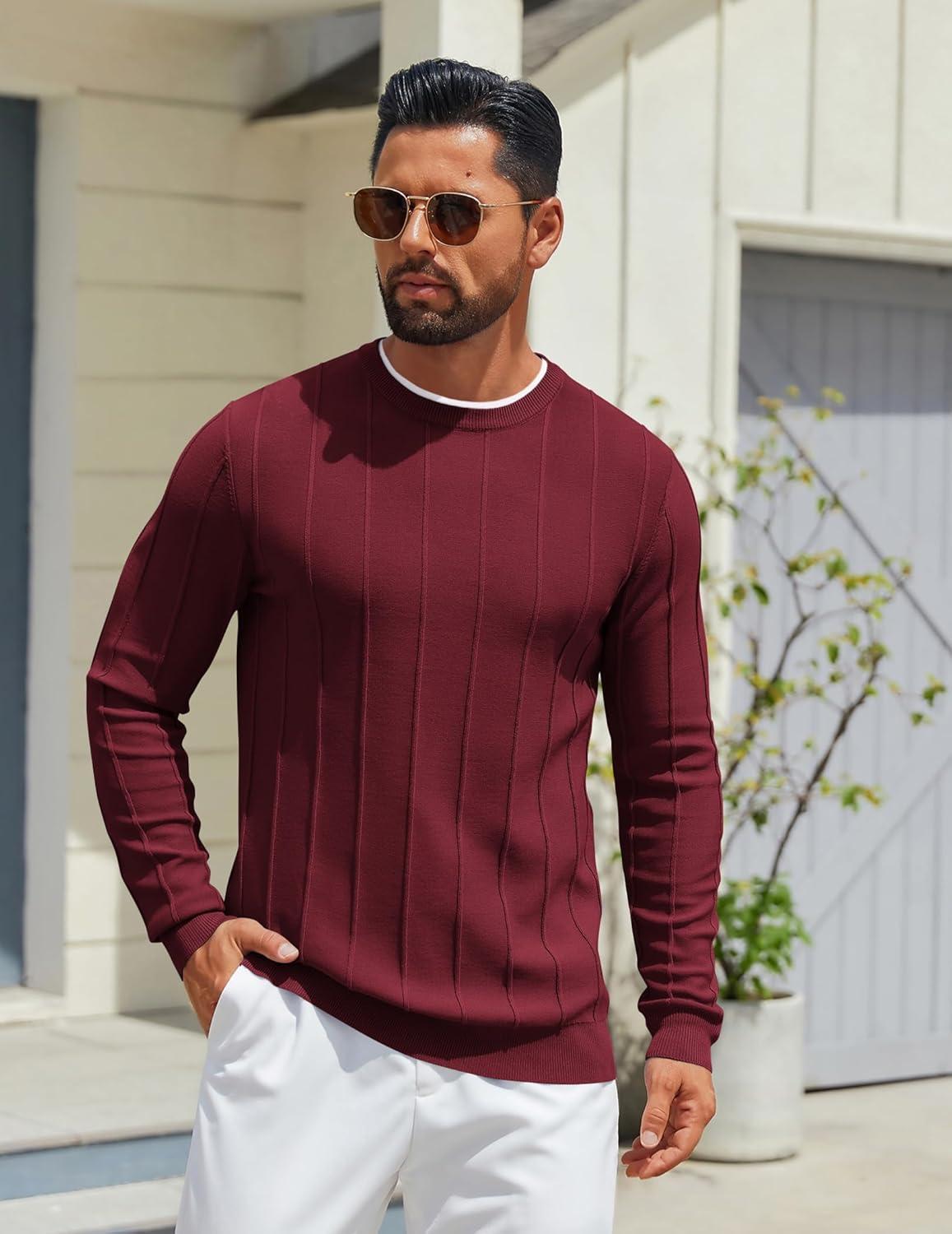 imageCOOFANDY Mens Crew Neck Sweater Long Sleeve Ribbed Knit Dress Sweaters Casual Slim Fit PulloverWine Red