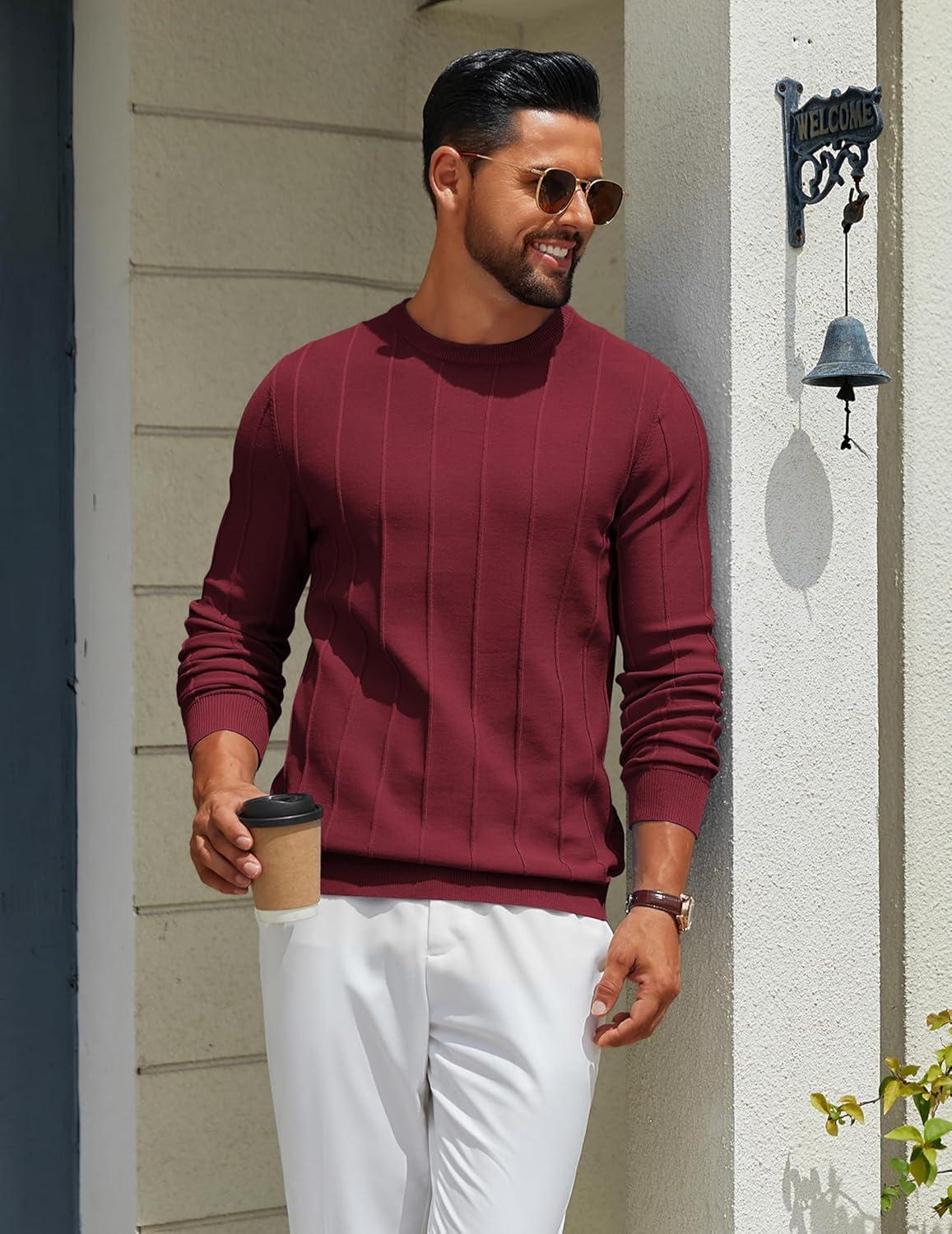imageCOOFANDY Mens Crew Neck Sweater Long Sleeve Ribbed Knit Dress Sweaters Casual Slim Fit PulloverWine Red