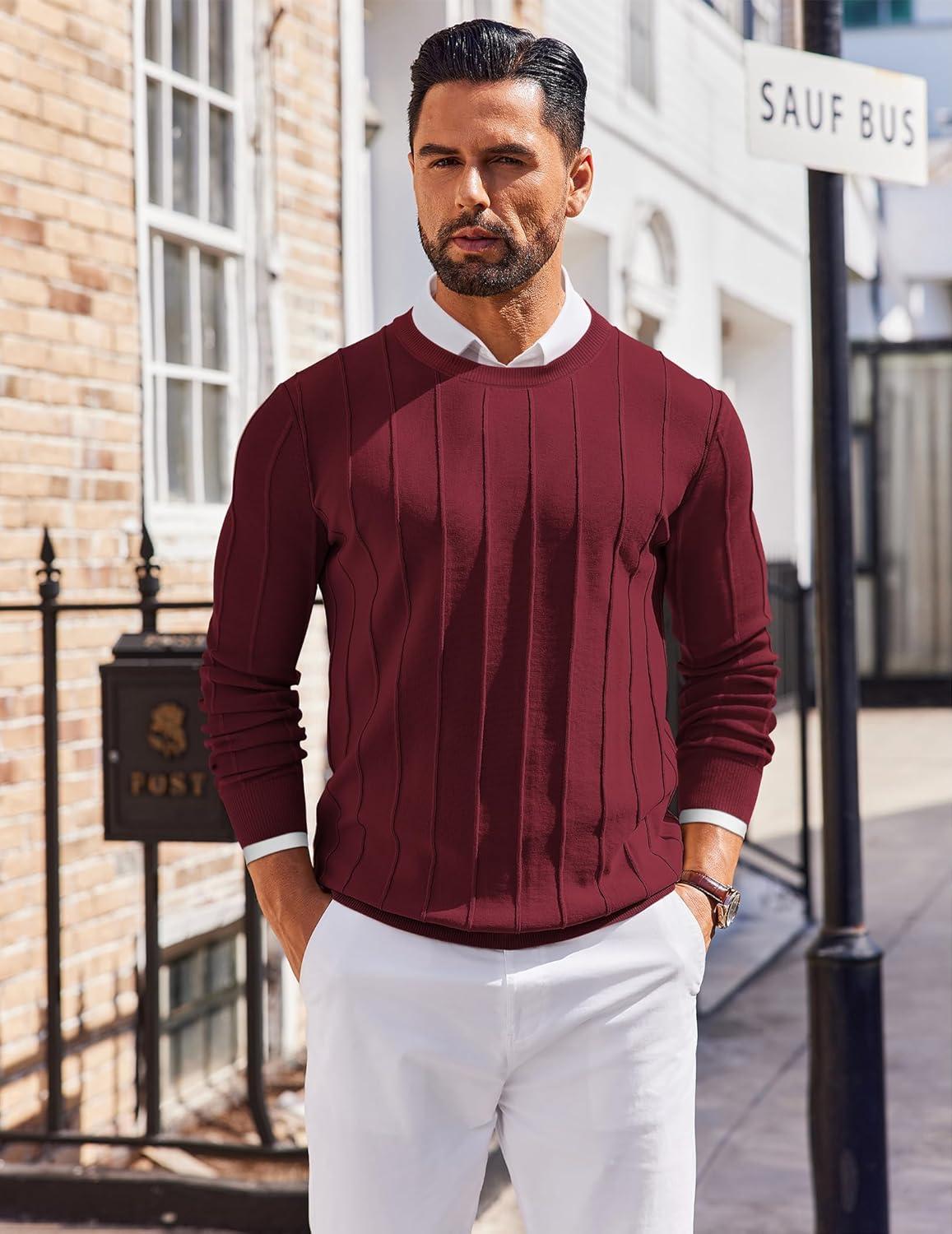 imageCOOFANDY Mens Crew Neck Sweater Long Sleeve Ribbed Knit Dress Sweaters Casual Slim Fit PulloverWine Red