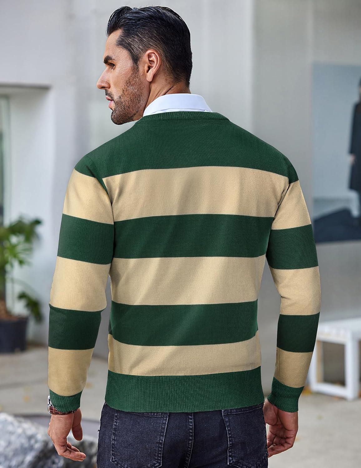 imageCOOFANDY Mens Crew Neck Sweater Slim Fit Lightweight Sweatshirts Knitted Pullover for Casual Or Dressy WearGreenApricot Stripe