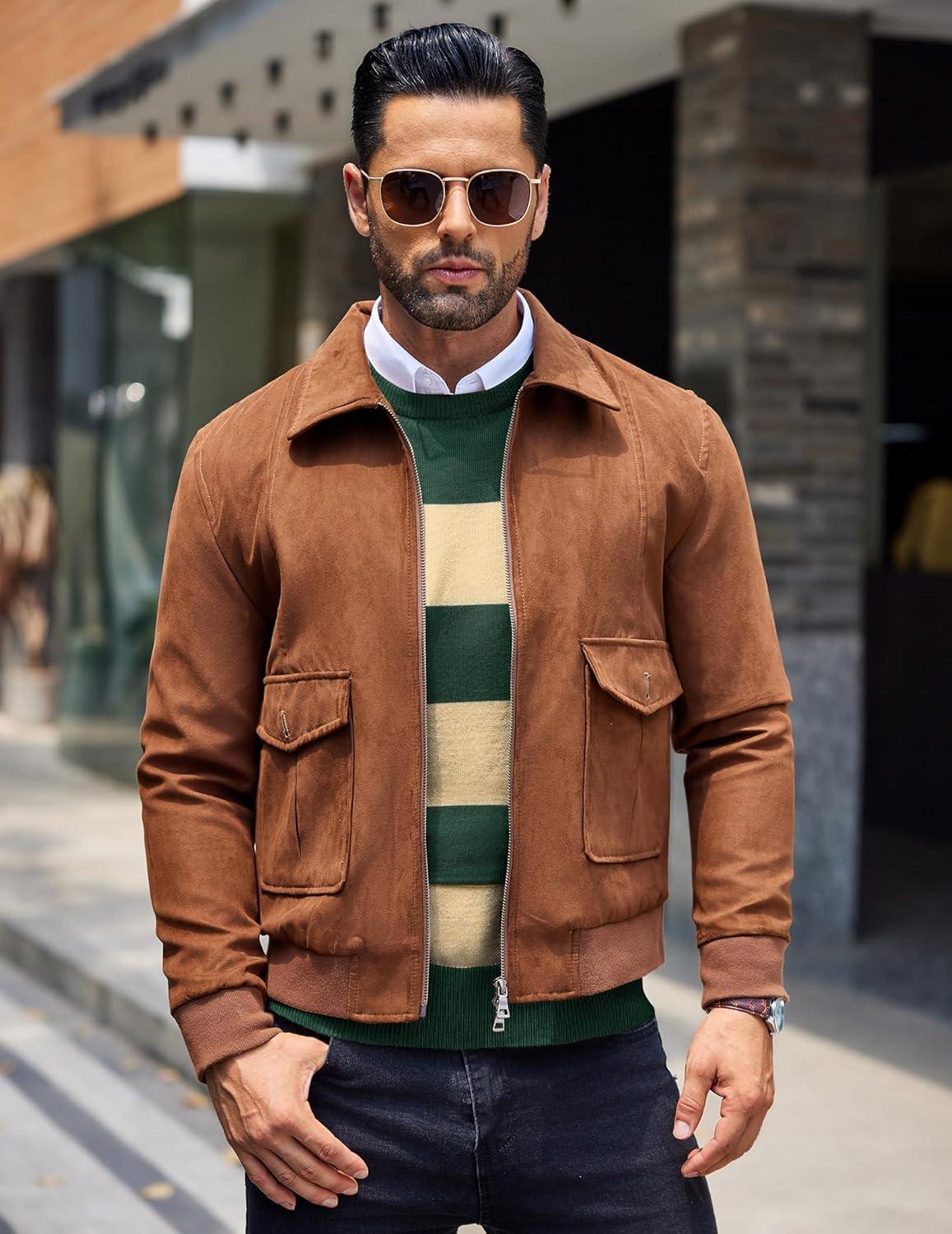 imageCOOFANDY Mens Crew Neck Sweater Slim Fit Lightweight Sweatshirts Knitted Pullover for Casual Or Dressy WearGreenApricot Stripe