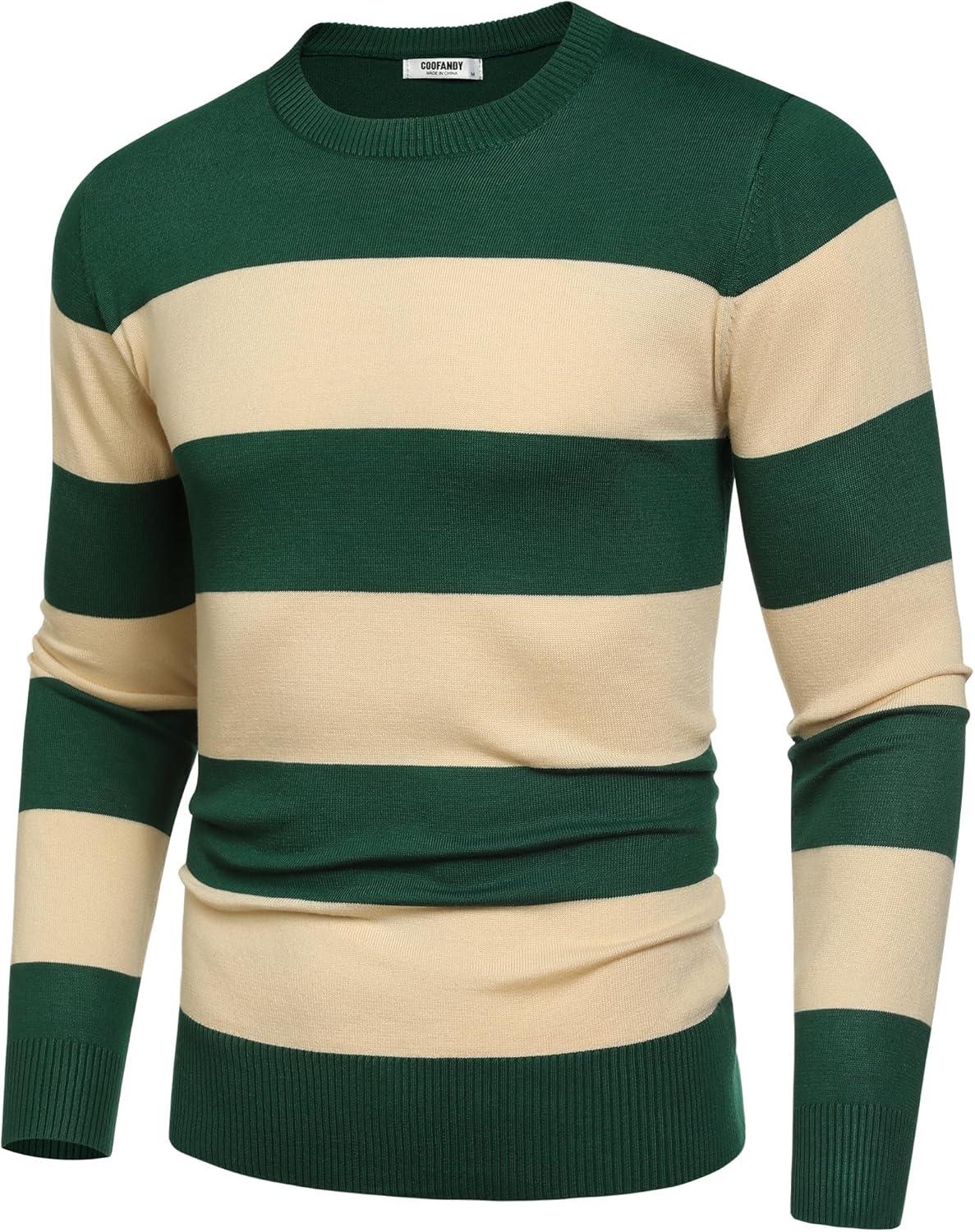 imageCOOFANDY Mens Crew Neck Sweater Slim Fit Lightweight Sweatshirts Knitted Pullover for Casual Or Dressy WearGreenApricot Stripe