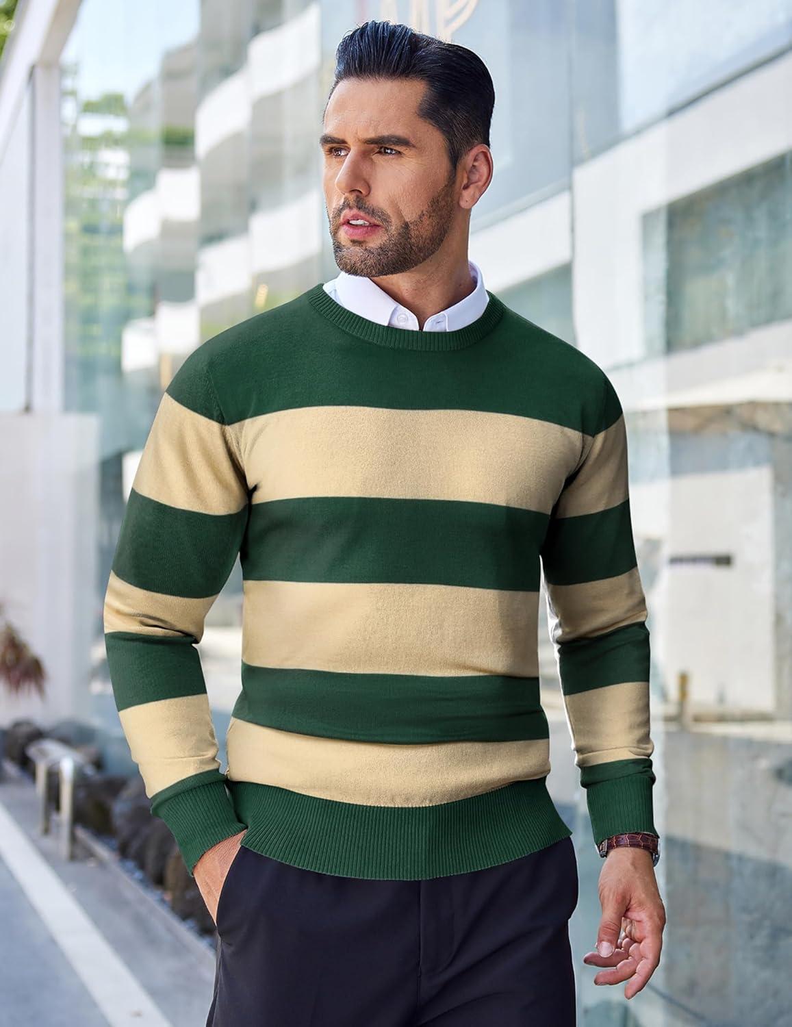 imageCOOFANDY Mens Crew Neck Sweater Slim Fit Lightweight Sweatshirts Knitted Pullover for Casual Or Dressy WearGreenApricot Stripe