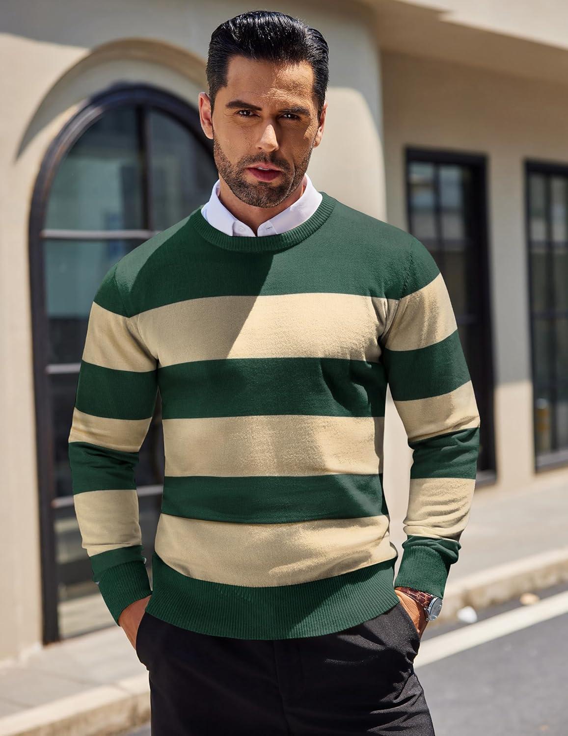imageCOOFANDY Mens Crew Neck Sweater Slim Fit Lightweight Sweatshirts Knitted Pullover for Casual Or Dressy WearGreenApricot Stripe