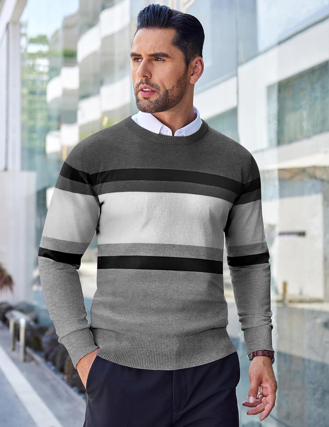 imageCOOFANDY Mens Crew Neck Sweater Slim Fit Lightweight Sweatshirts Knitted Pullover for Casual Or Dressy WearGreyWhite