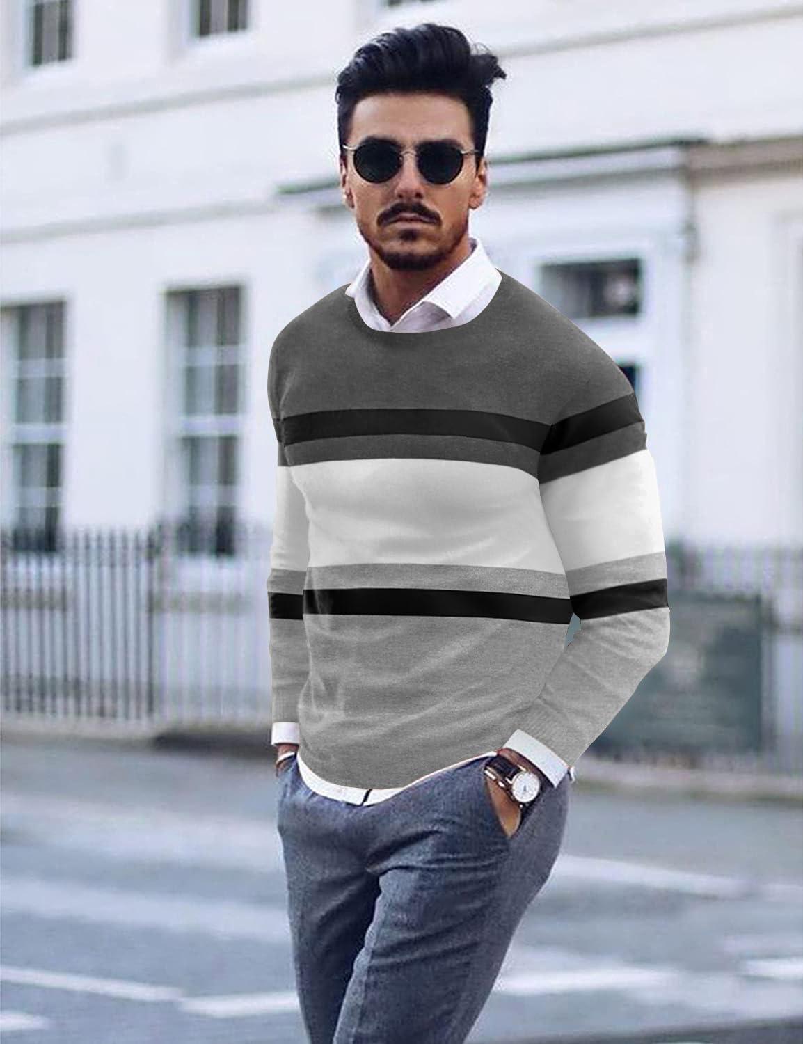 imageCOOFANDY Mens Crew Neck Sweater Slim Fit Lightweight Sweatshirts Knitted Pullover for Casual Or Dressy WearGreyWhite