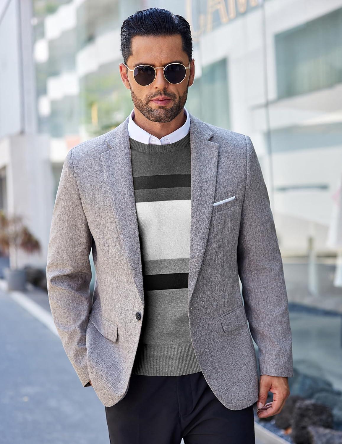 imageCOOFANDY Mens Crew Neck Sweater Slim Fit Lightweight Sweatshirts Knitted Pullover for Casual Or Dressy WearGreyWhite