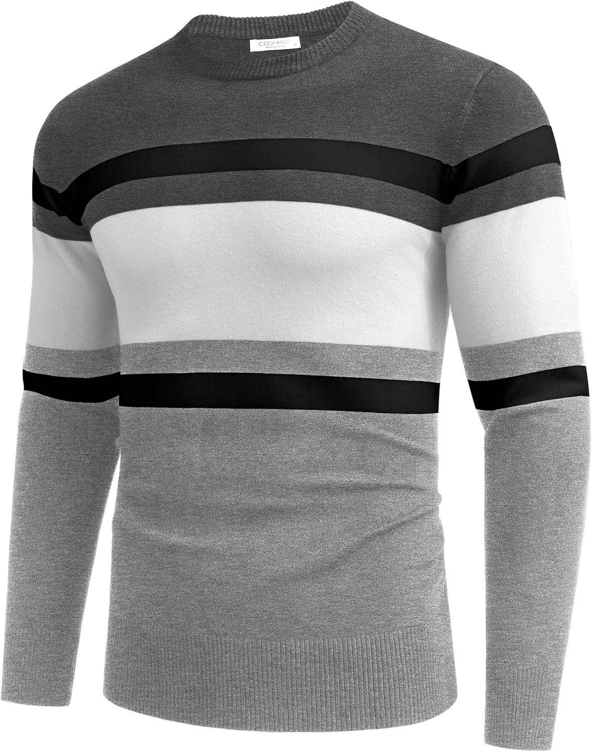 imageCOOFANDY Mens Crew Neck Sweater Slim Fit Lightweight Sweatshirts Knitted Pullover for Casual Or Dressy WearGreyWhite