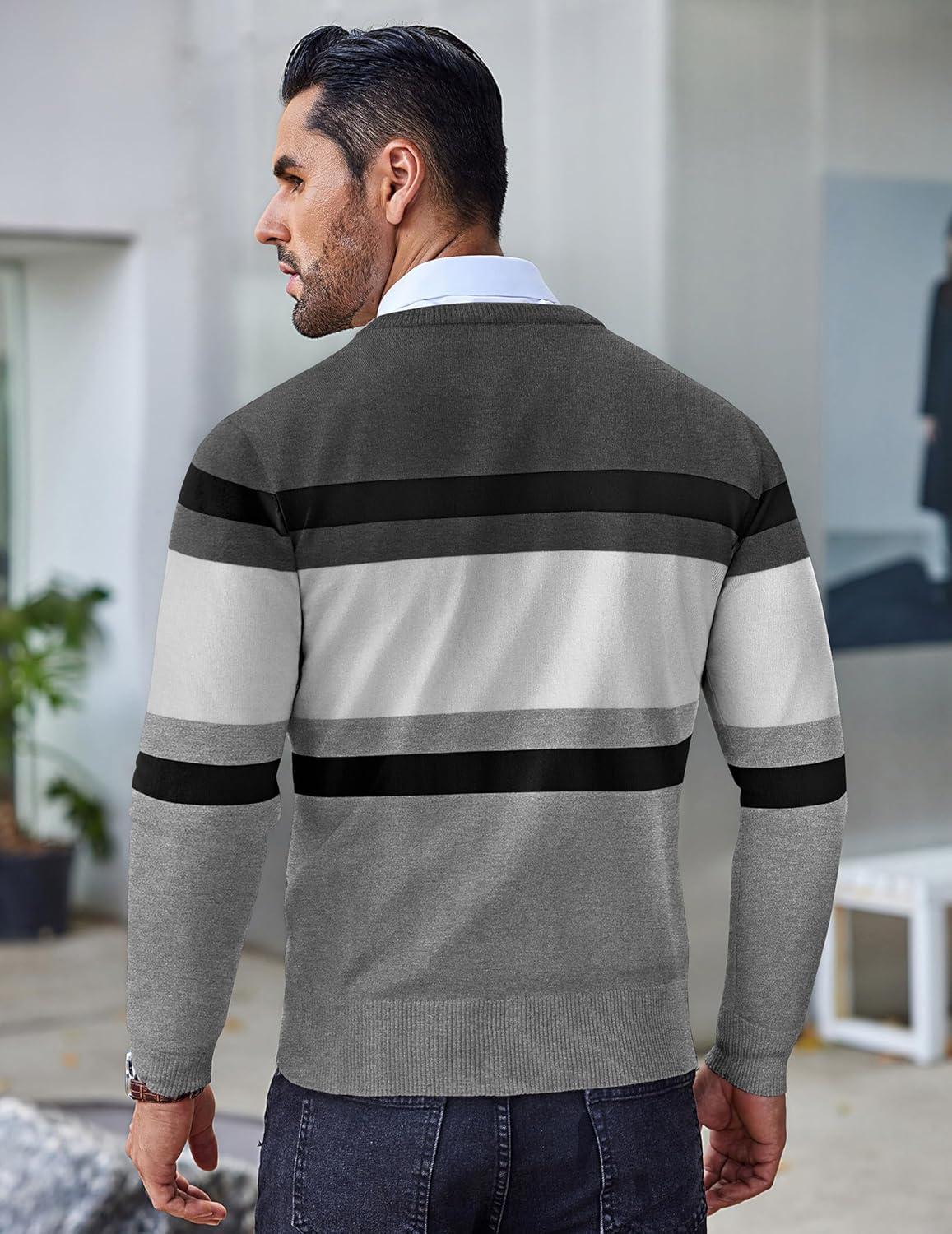 imageCOOFANDY Mens Crew Neck Sweater Slim Fit Lightweight Sweatshirts Knitted Pullover for Casual Or Dressy WearGreyWhite