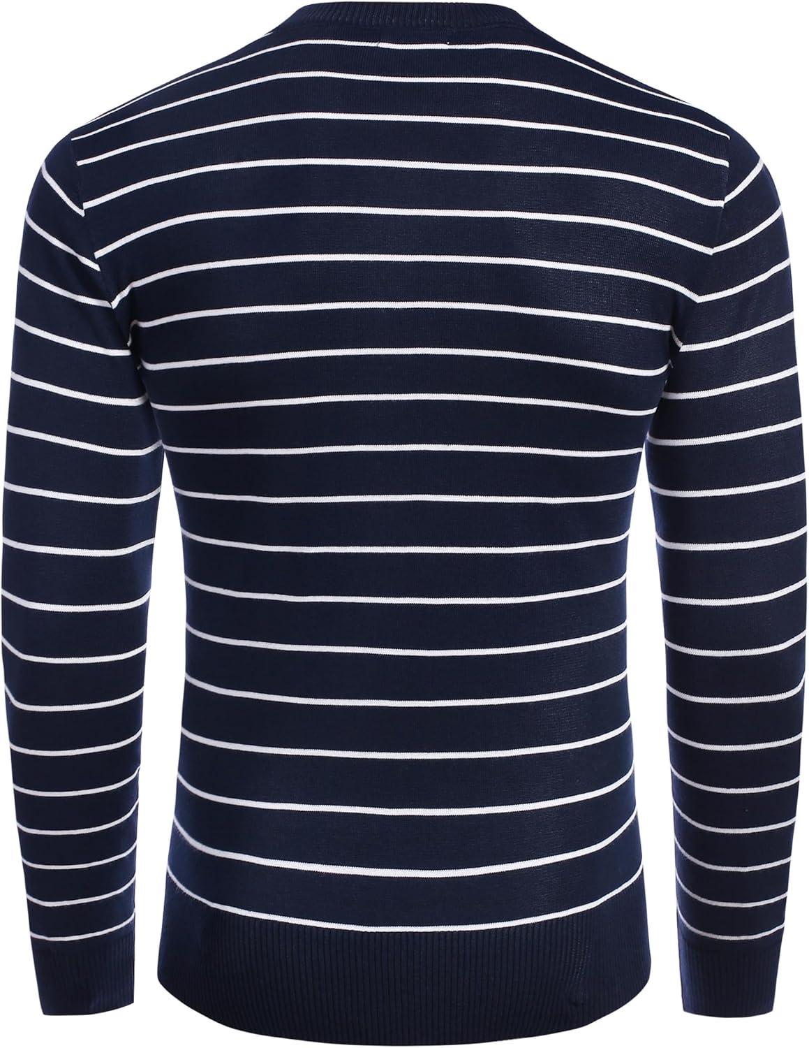 imageCOOFANDY Mens Crew Neck Sweater Slim Fit Lightweight Sweatshirts Knitted Pullover for Casual Or Dressy WearHorizontal Stripes White  Navy Blue