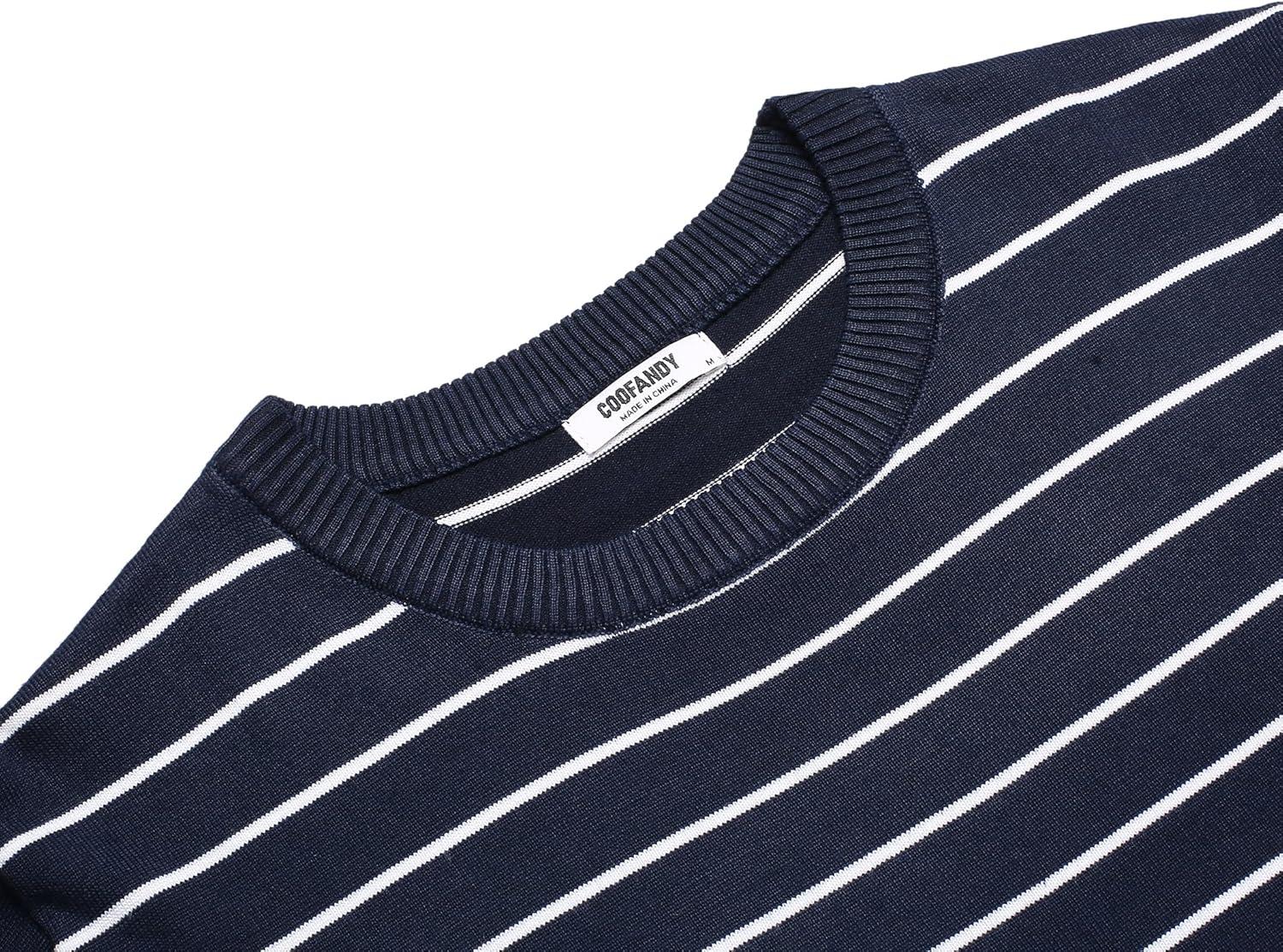 imageCOOFANDY Mens Crew Neck Sweater Slim Fit Lightweight Sweatshirts Knitted Pullover for Casual Or Dressy WearHorizontal Stripes White  Navy Blue