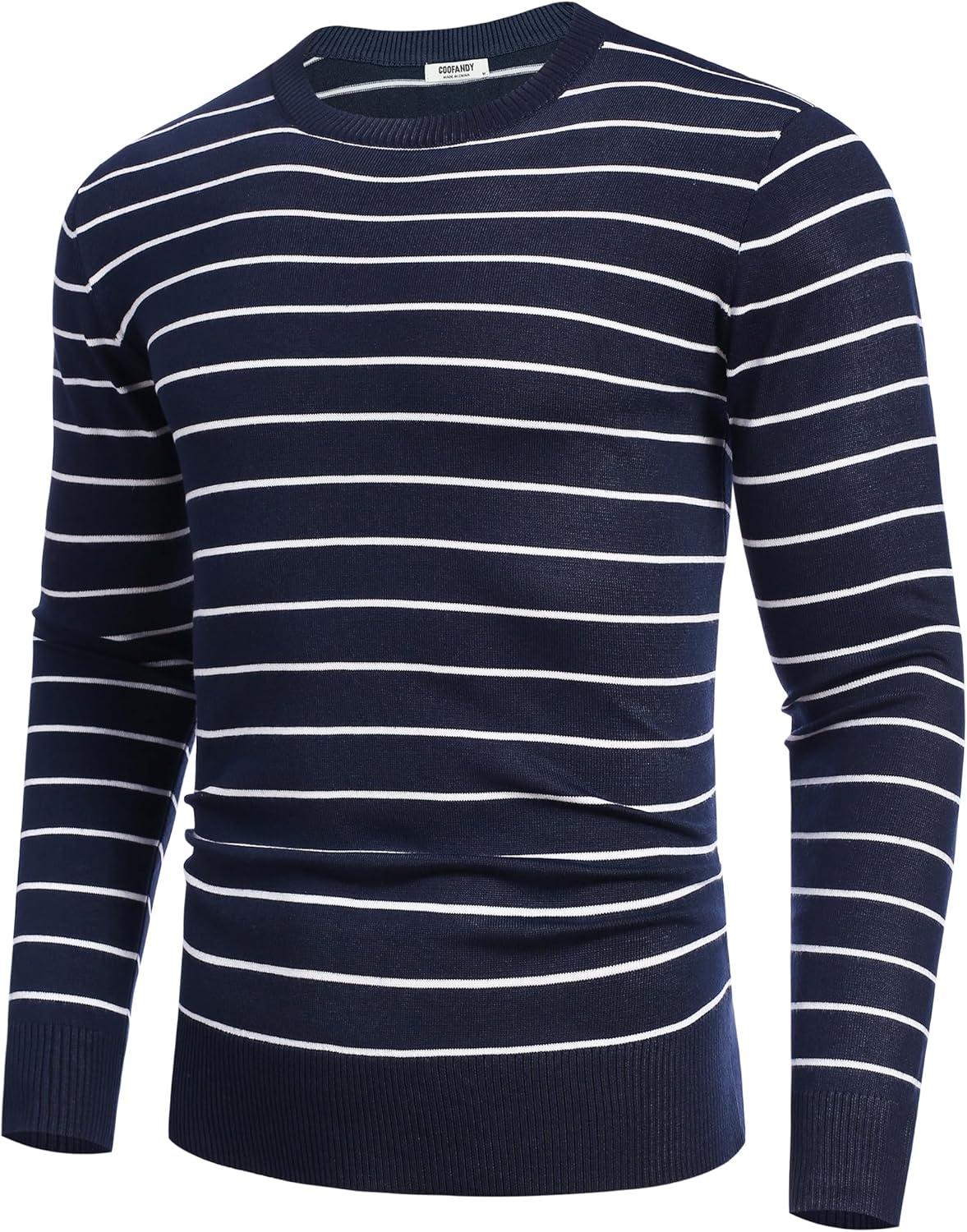 imageCOOFANDY Mens Crew Neck Sweater Slim Fit Lightweight Sweatshirts Knitted Pullover for Casual Or Dressy WearHorizontal Stripes White  Navy Blue