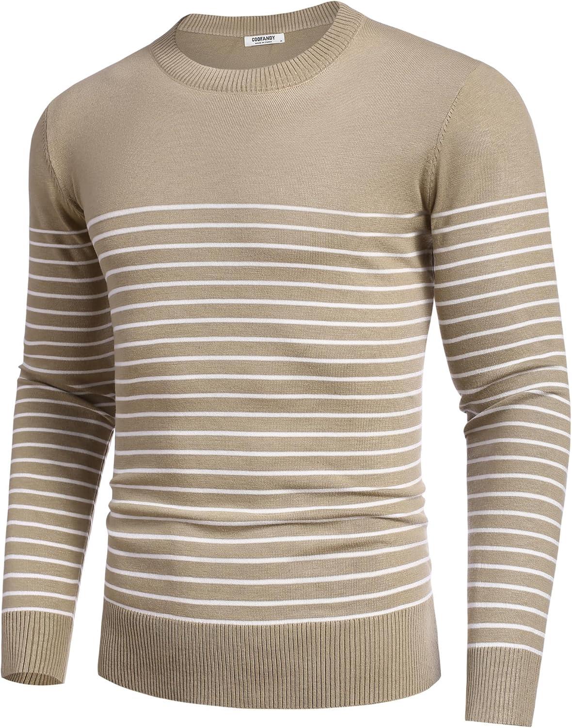 imageCOOFANDY Mens Crew Neck Sweater Slim Fit Lightweight Sweatshirts Knitted Pullover for Casual Or Dressy WearPinstripes White  Khaki
