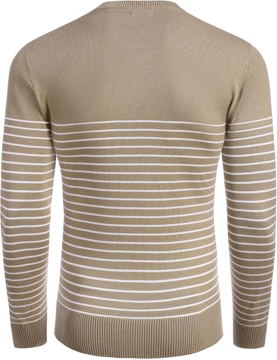imageCOOFANDY Mens Crew Neck Sweater Slim Fit Lightweight Sweatshirts Knitted Pullover for Casual Or Dressy WearPinstripes White  Khaki