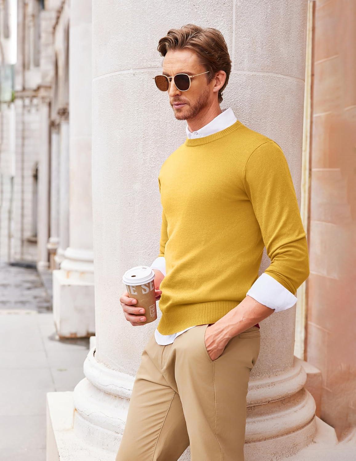 imageCOOFANDY Mens Crew Neck Sweater Slim Fit Lightweight Sweatshirts Knitted Pullover for Casual Or Dressy WearYellow