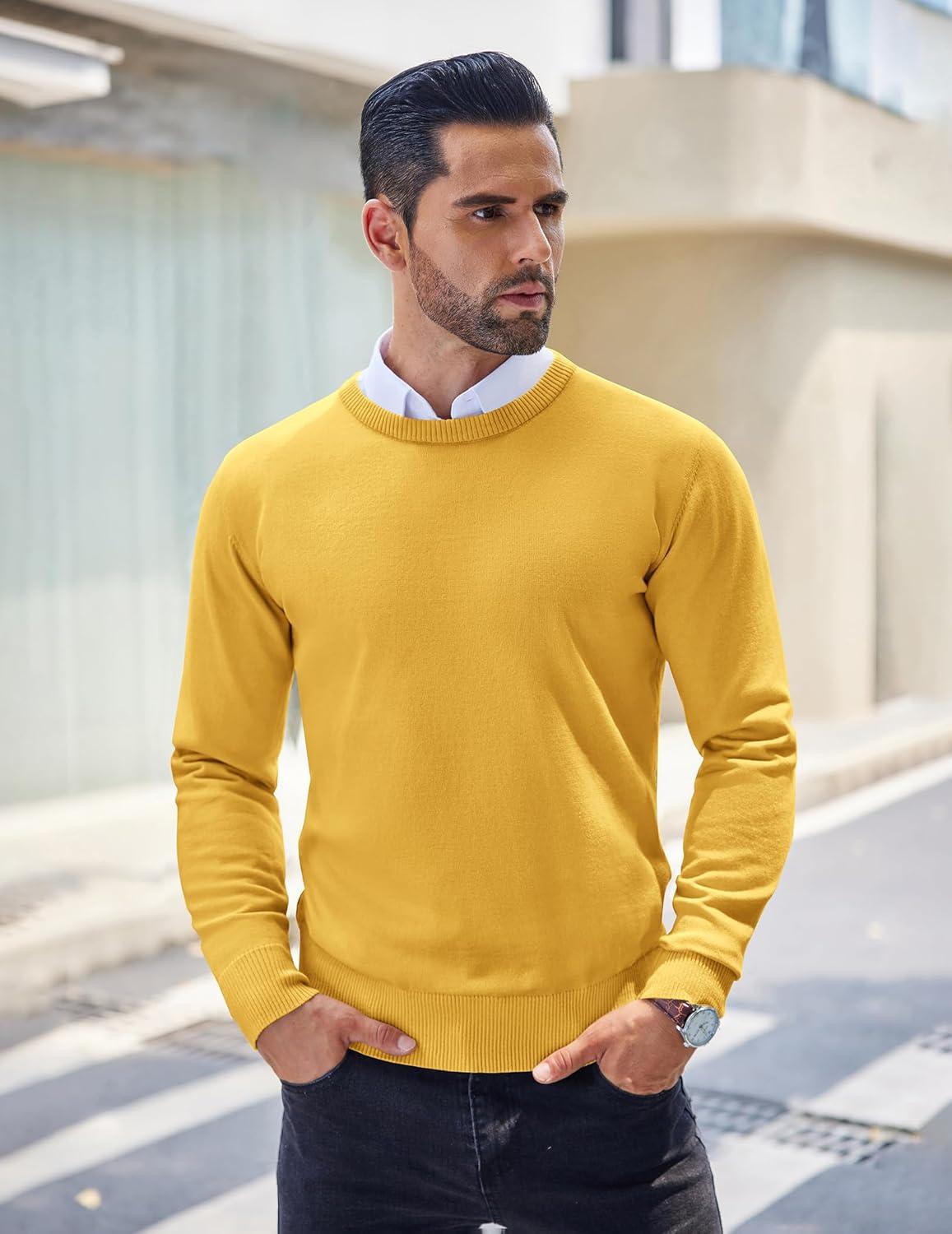 imageCOOFANDY Mens Crew Neck Sweater Slim Fit Lightweight Sweatshirts Knitted Pullover for Casual Or Dressy WearYellow