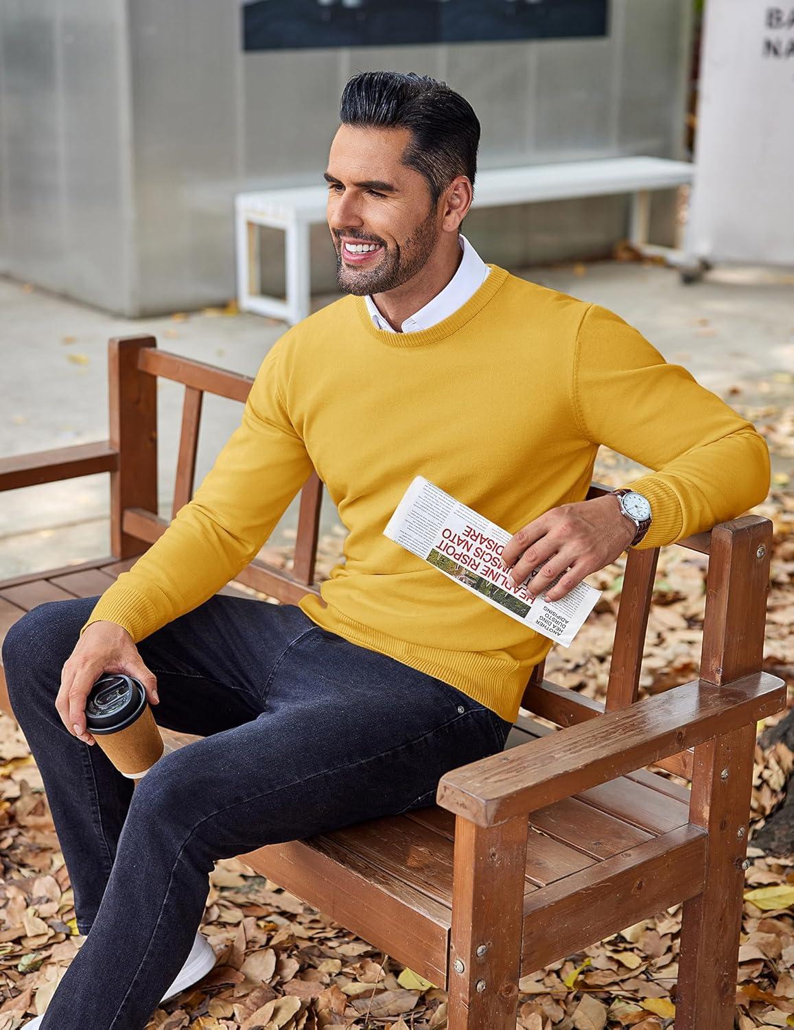 imageCOOFANDY Mens Crew Neck Sweater Slim Fit Lightweight Sweatshirts Knitted Pullover for Casual Or Dressy WearYellow