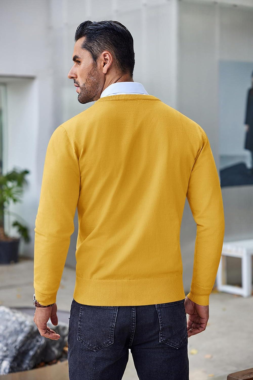 imageCOOFANDY Mens Crew Neck Sweater Slim Fit Lightweight Sweatshirts Knitted Pullover for Casual Or Dressy WearYellow