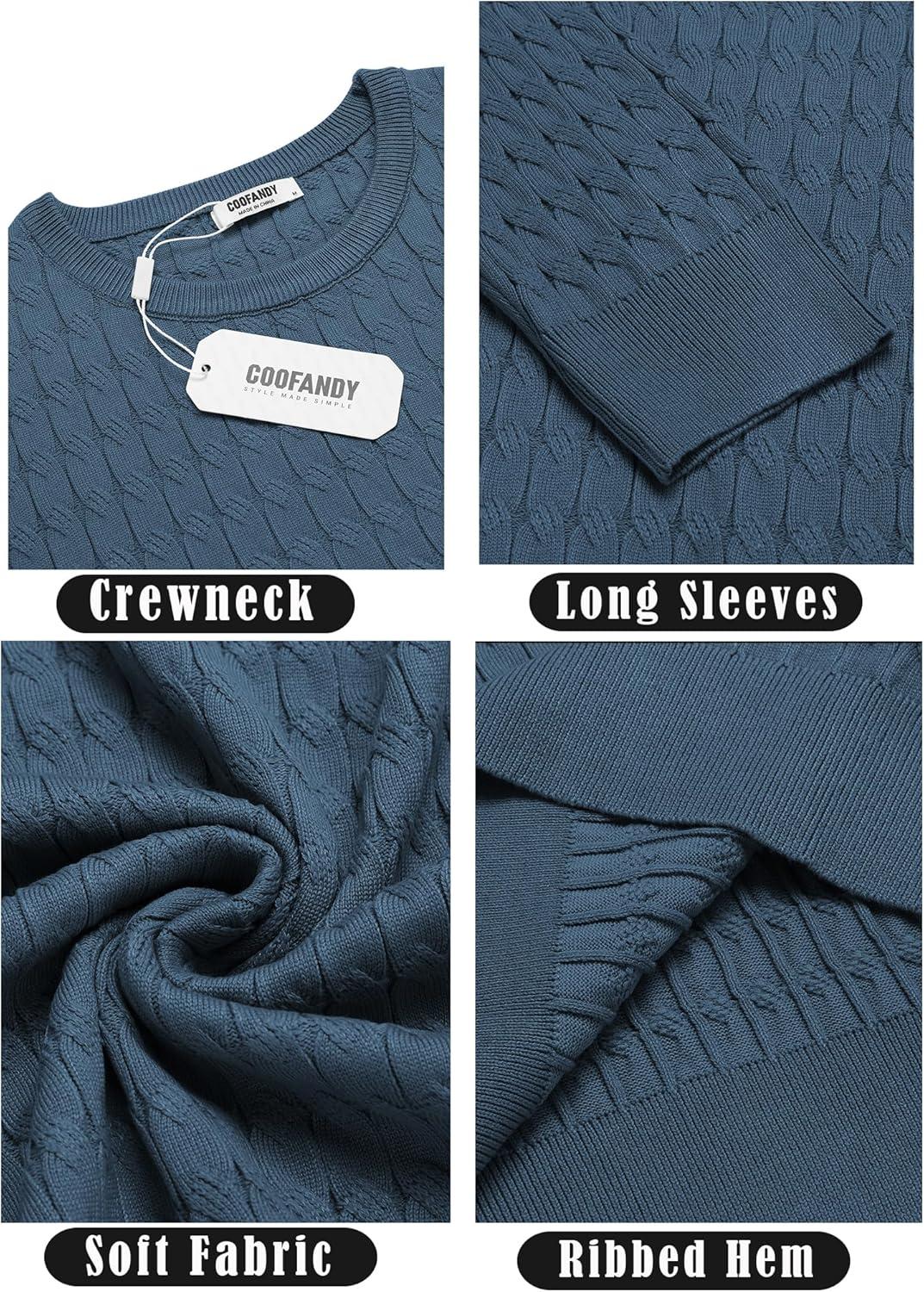 imageCOOFANDY Mens Crewneck Knit Sweater Slim Fit Lightweight Casual Twist Patterned Cable Knitted PulloverBdenim Blue