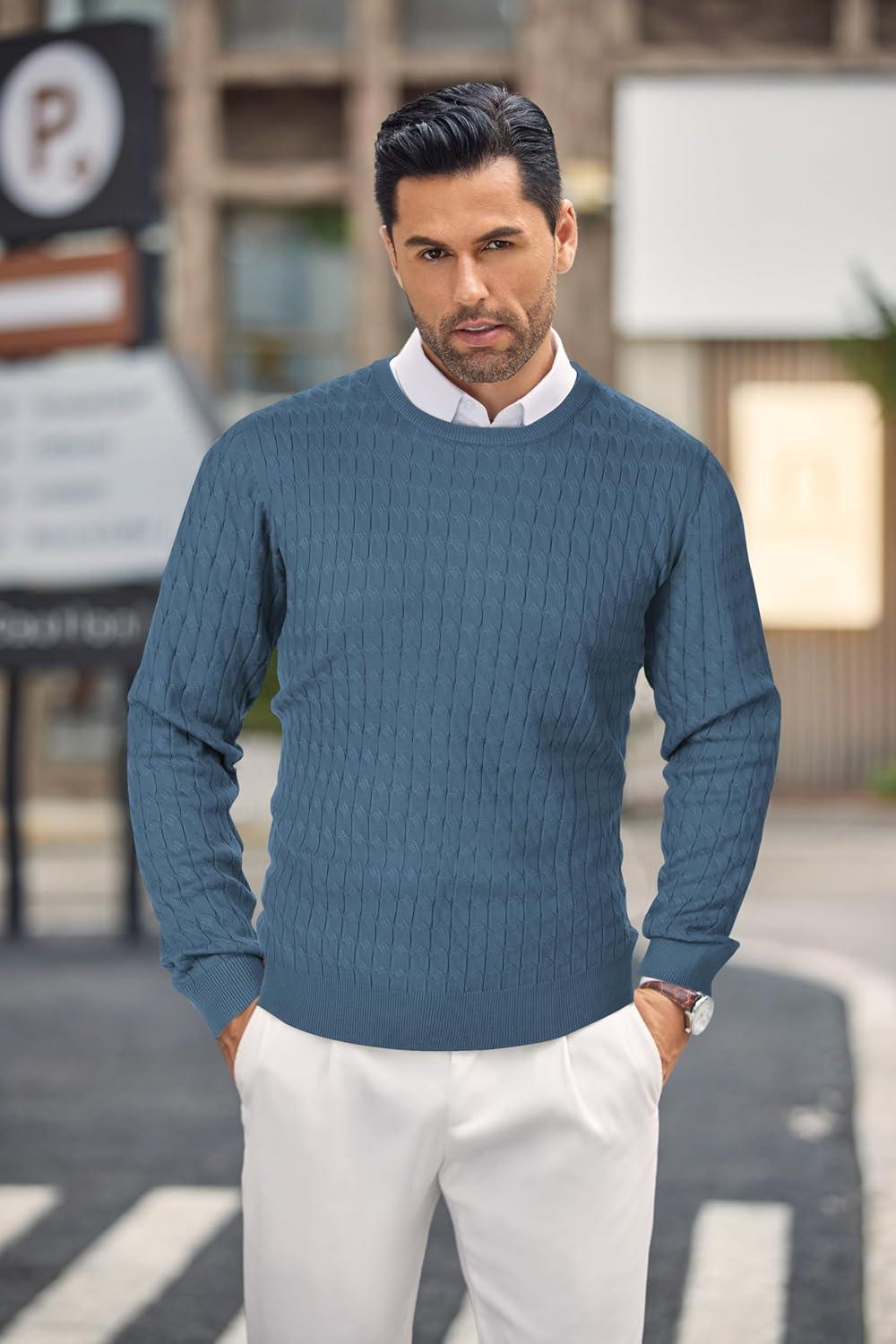 imageCOOFANDY Mens Crewneck Knit Sweater Slim Fit Lightweight Casual Twist Patterned Cable Knitted PulloverBdenim Blue