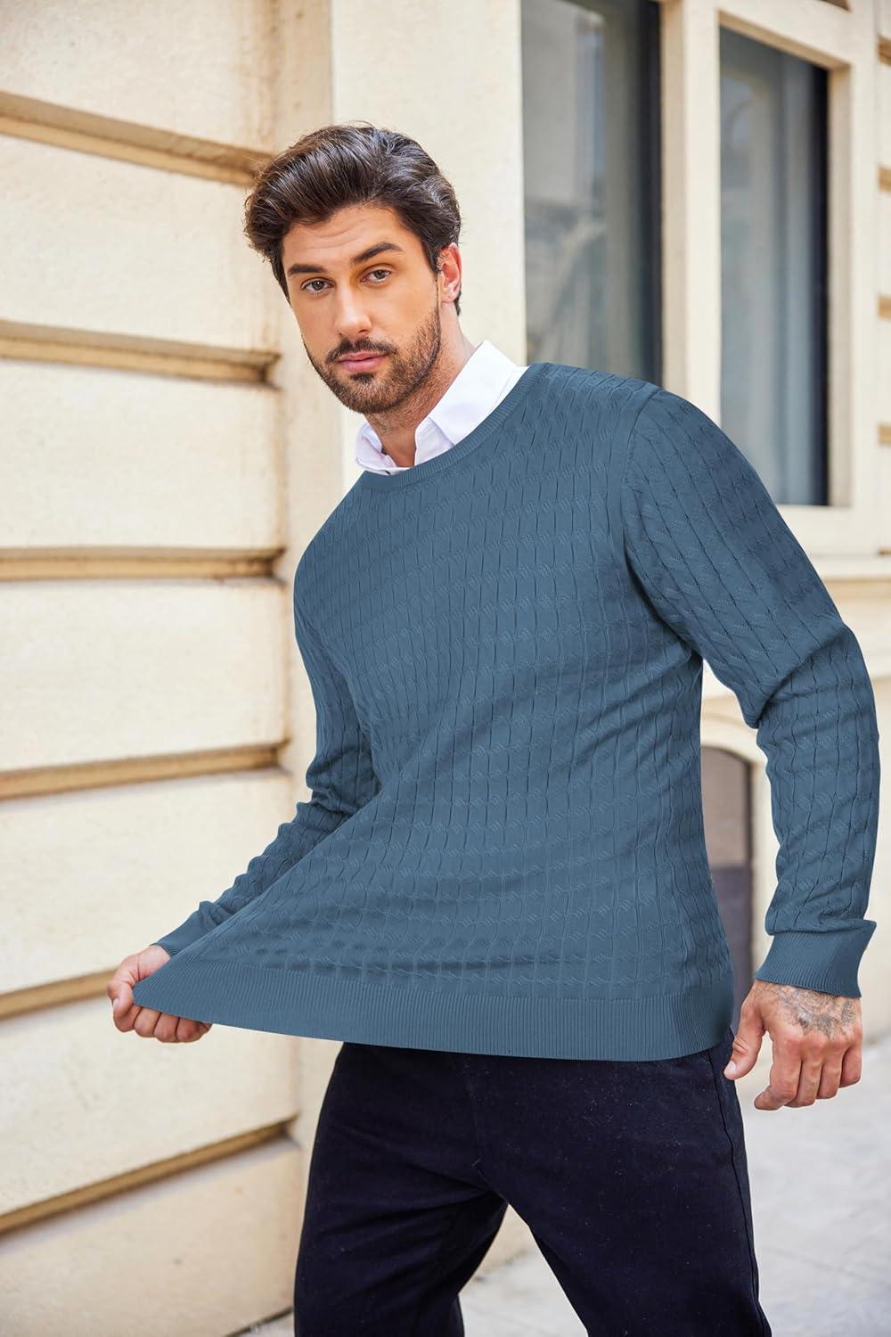 imageCOOFANDY Mens Crewneck Knit Sweater Slim Fit Lightweight Casual Twist Patterned Cable Knitted PulloverBdenim Blue