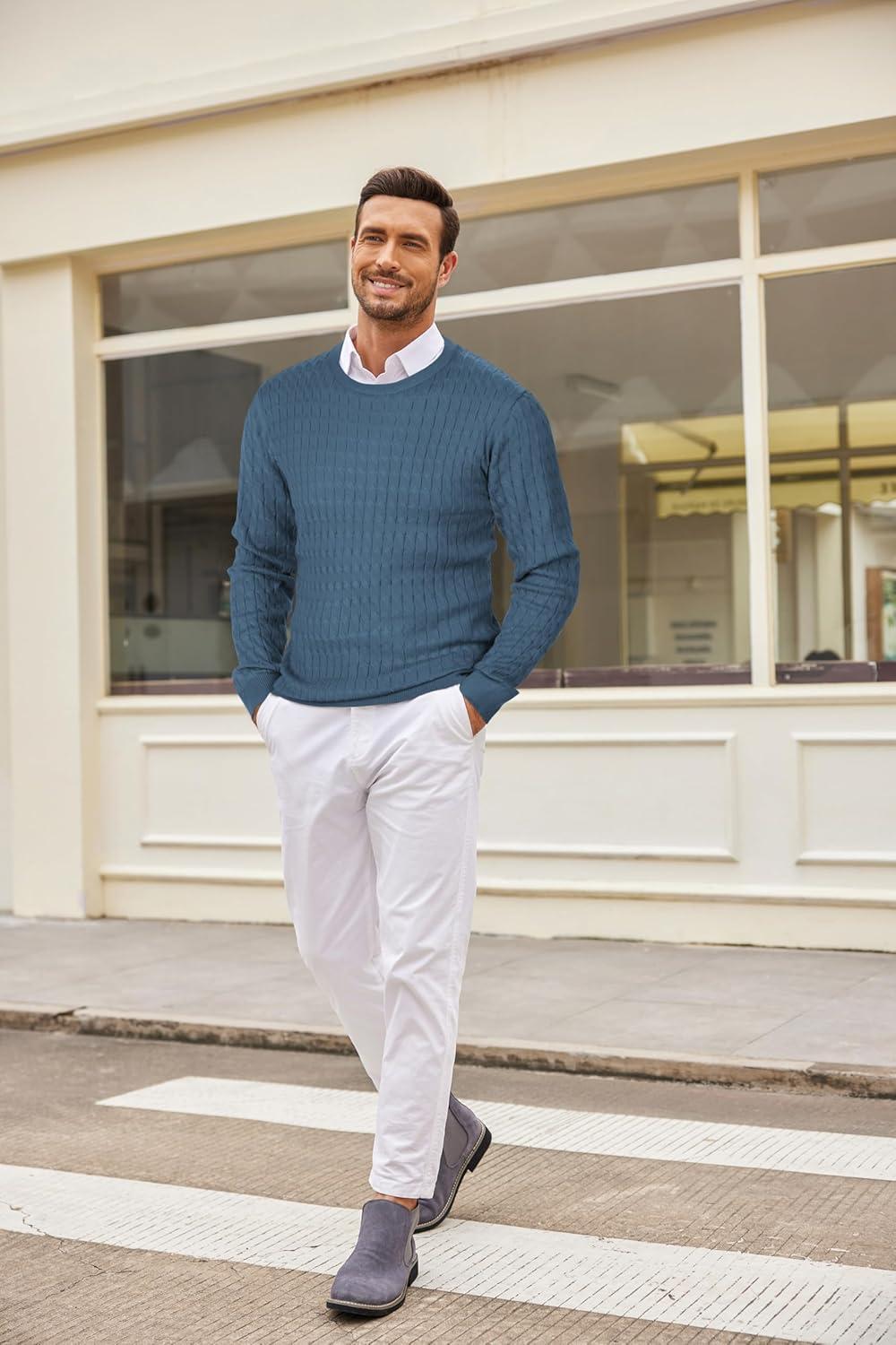 imageCOOFANDY Mens Crewneck Knit Sweater Slim Fit Lightweight Casual Twist Patterned Cable Knitted PulloverBdenim Blue