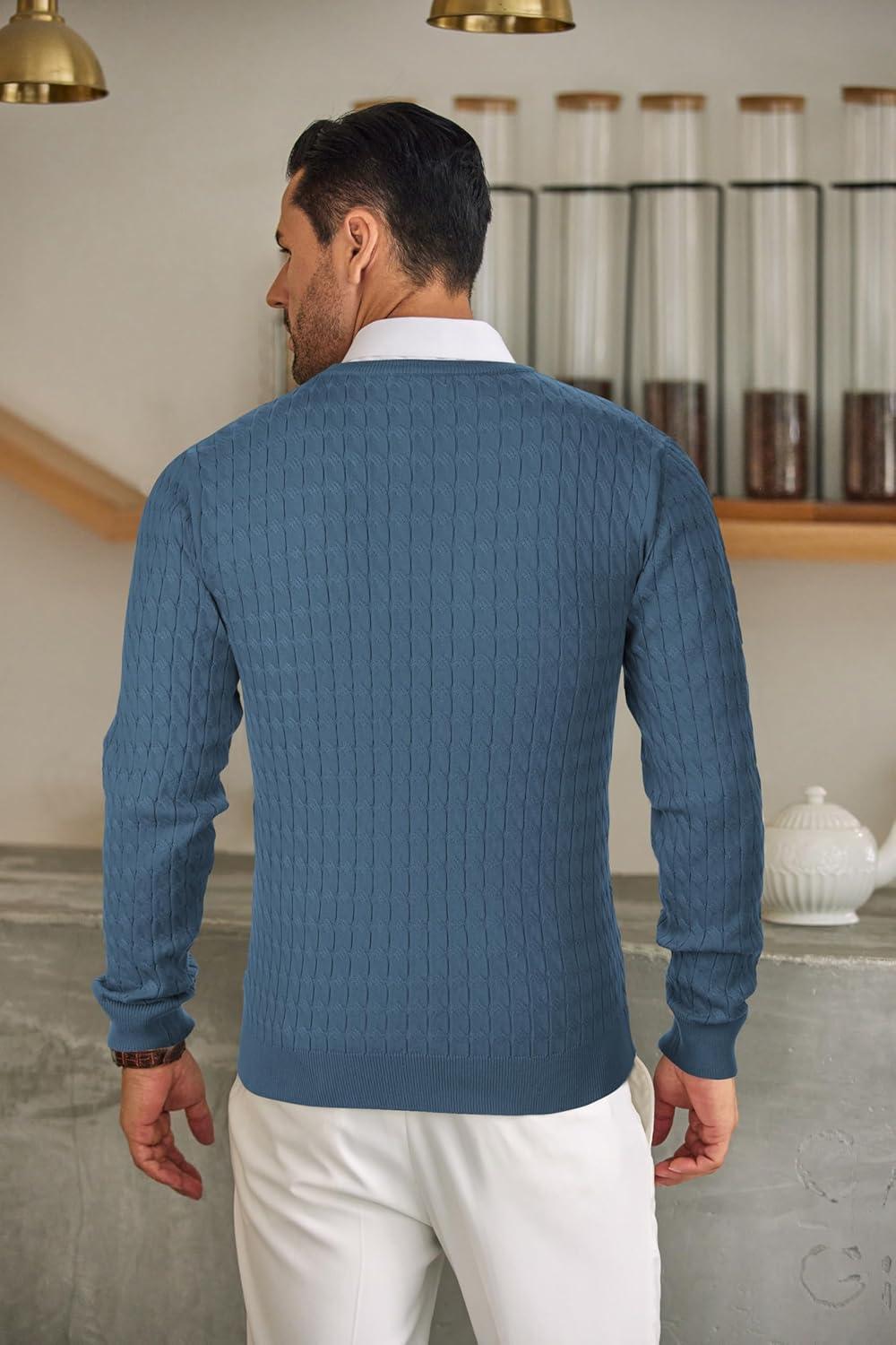 imageCOOFANDY Mens Crewneck Knit Sweater Slim Fit Lightweight Casual Twist Patterned Cable Knitted PulloverBdenim Blue