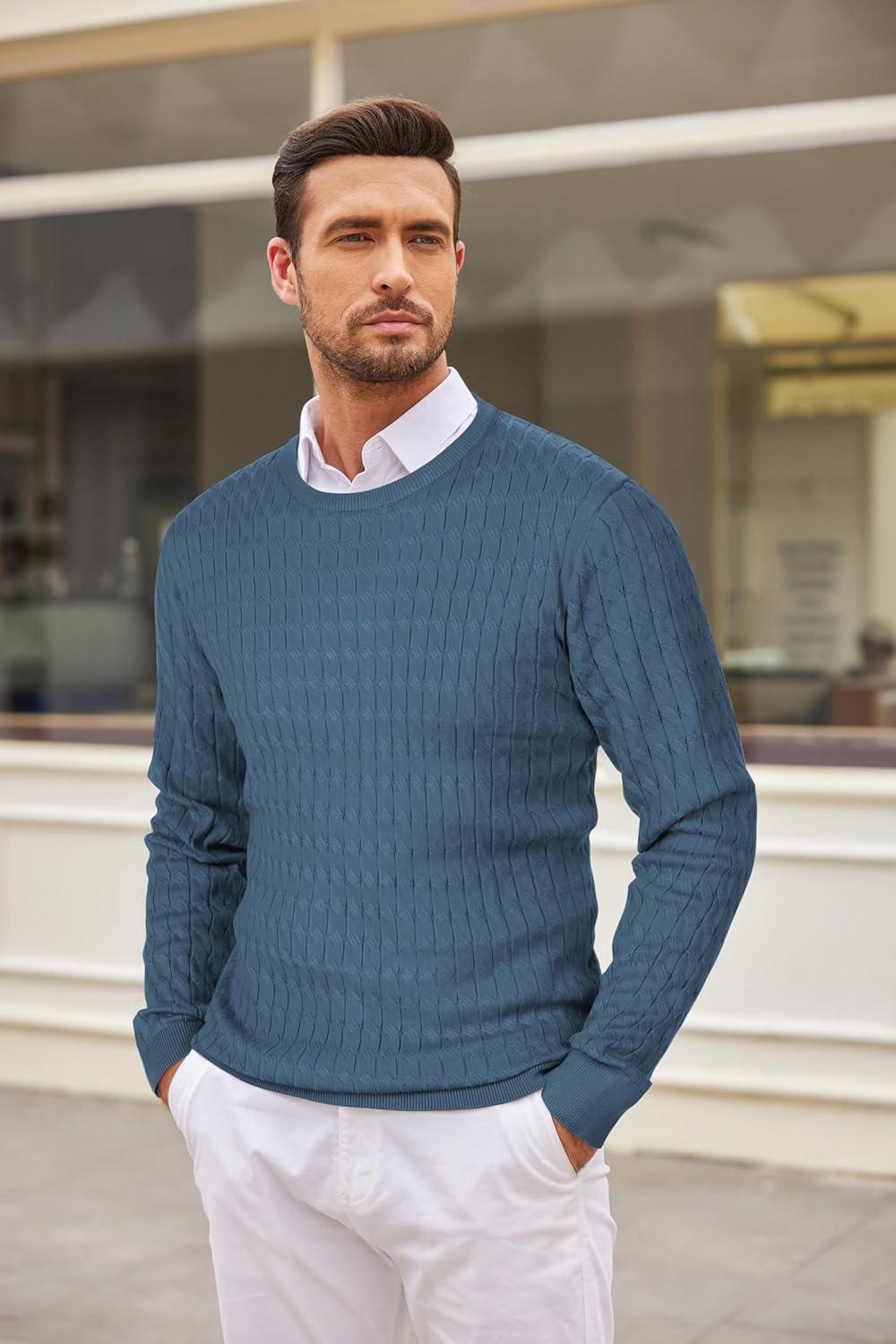 imageCOOFANDY Mens Crewneck Knit Sweater Slim Fit Lightweight Casual Twist Patterned Cable Knitted PulloverBdenim Blue