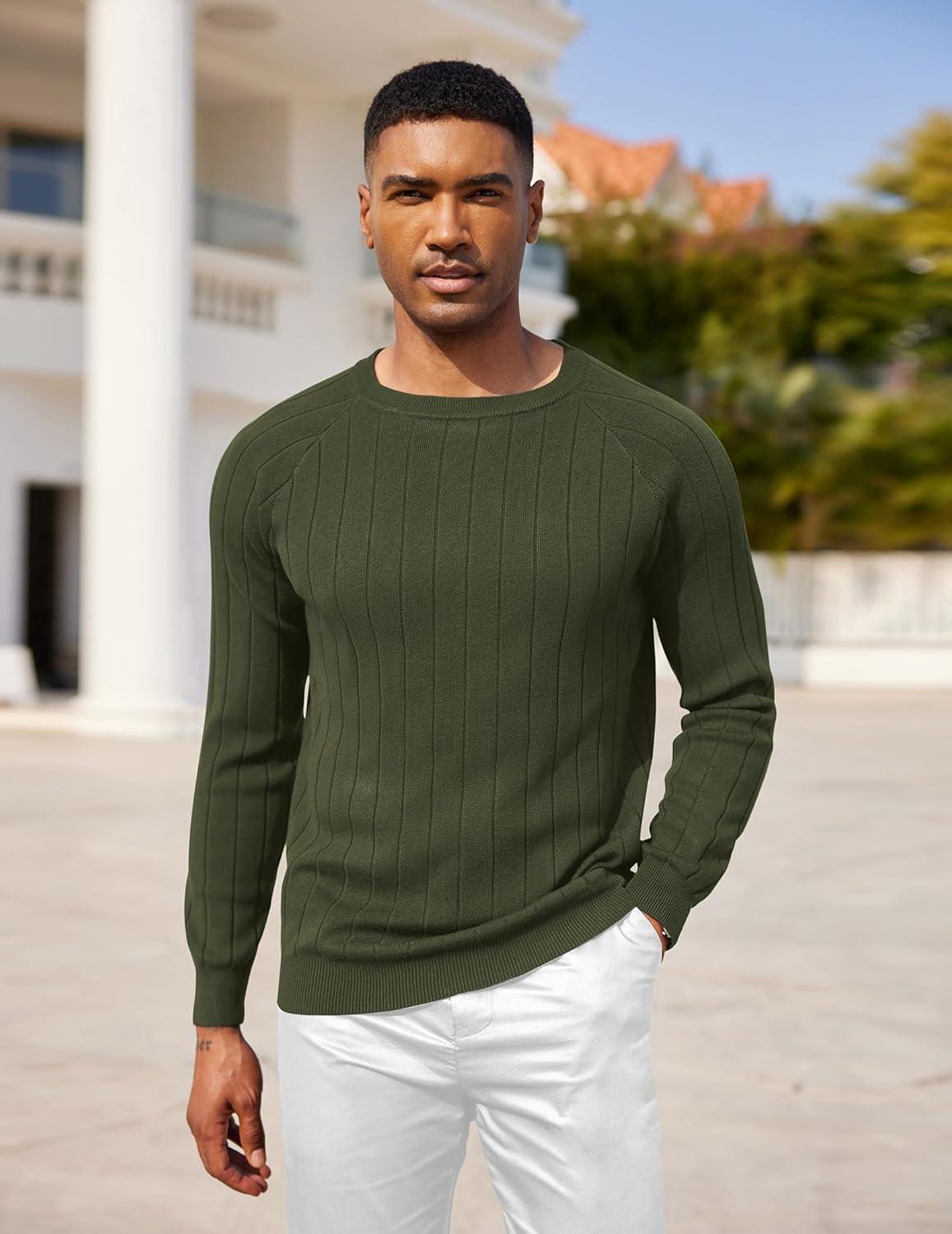 imageCOOFANDY Mens Crewneck Pullover Sweaters Business Casual Long Sleeve Slim Fit Sweater Chunky Cable Knit SweaterArmy Green