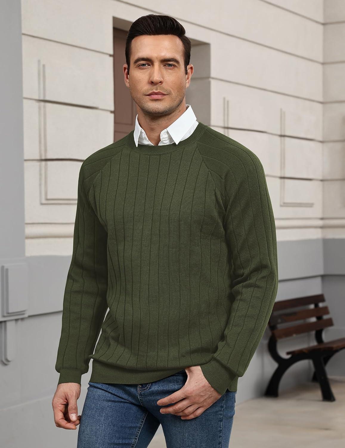 imageCOOFANDY Mens Crewneck Pullover Sweaters Business Casual Long Sleeve Slim Fit Sweater Chunky Cable Knit SweaterArmy Green