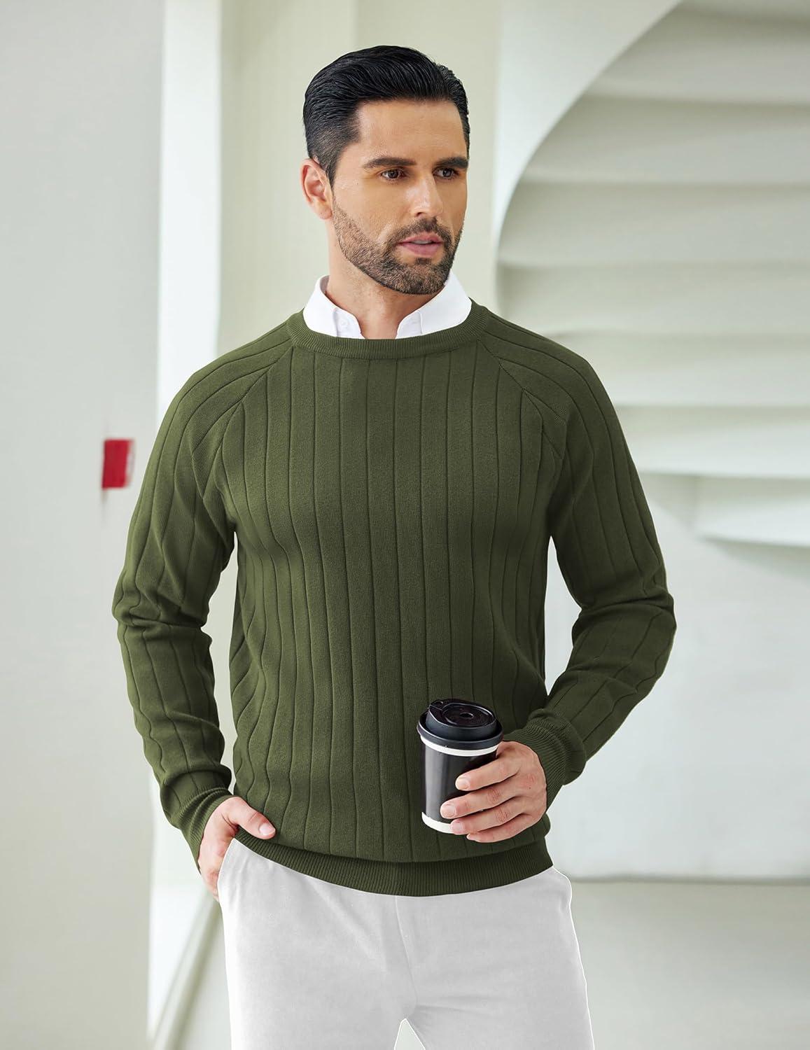 imageCOOFANDY Mens Crewneck Pullover Sweaters Business Casual Long Sleeve Slim Fit Sweater Chunky Cable Knit SweaterArmy Green