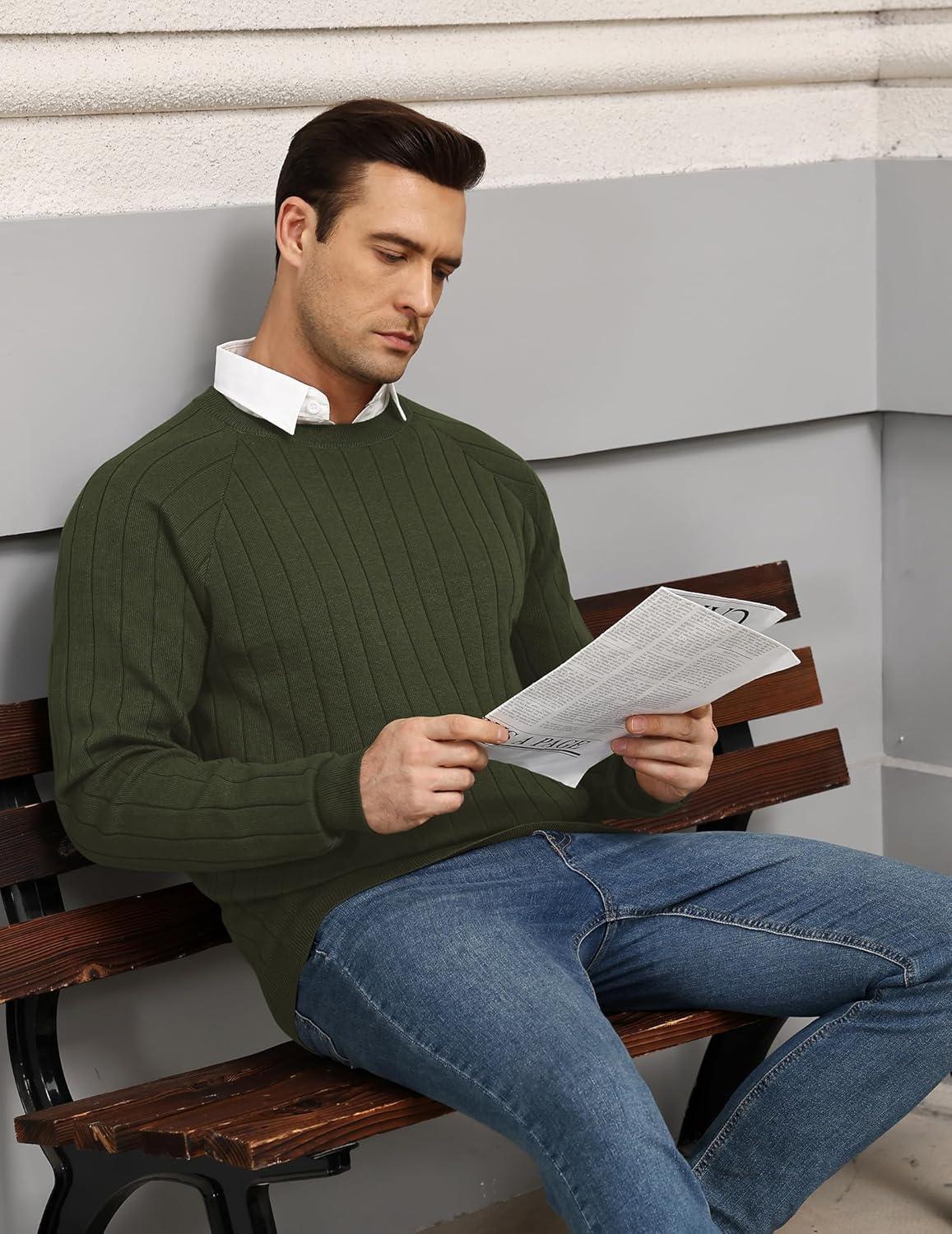 imageCOOFANDY Mens Crewneck Pullover Sweaters Business Casual Long Sleeve Slim Fit Sweater Chunky Cable Knit SweaterArmy Green