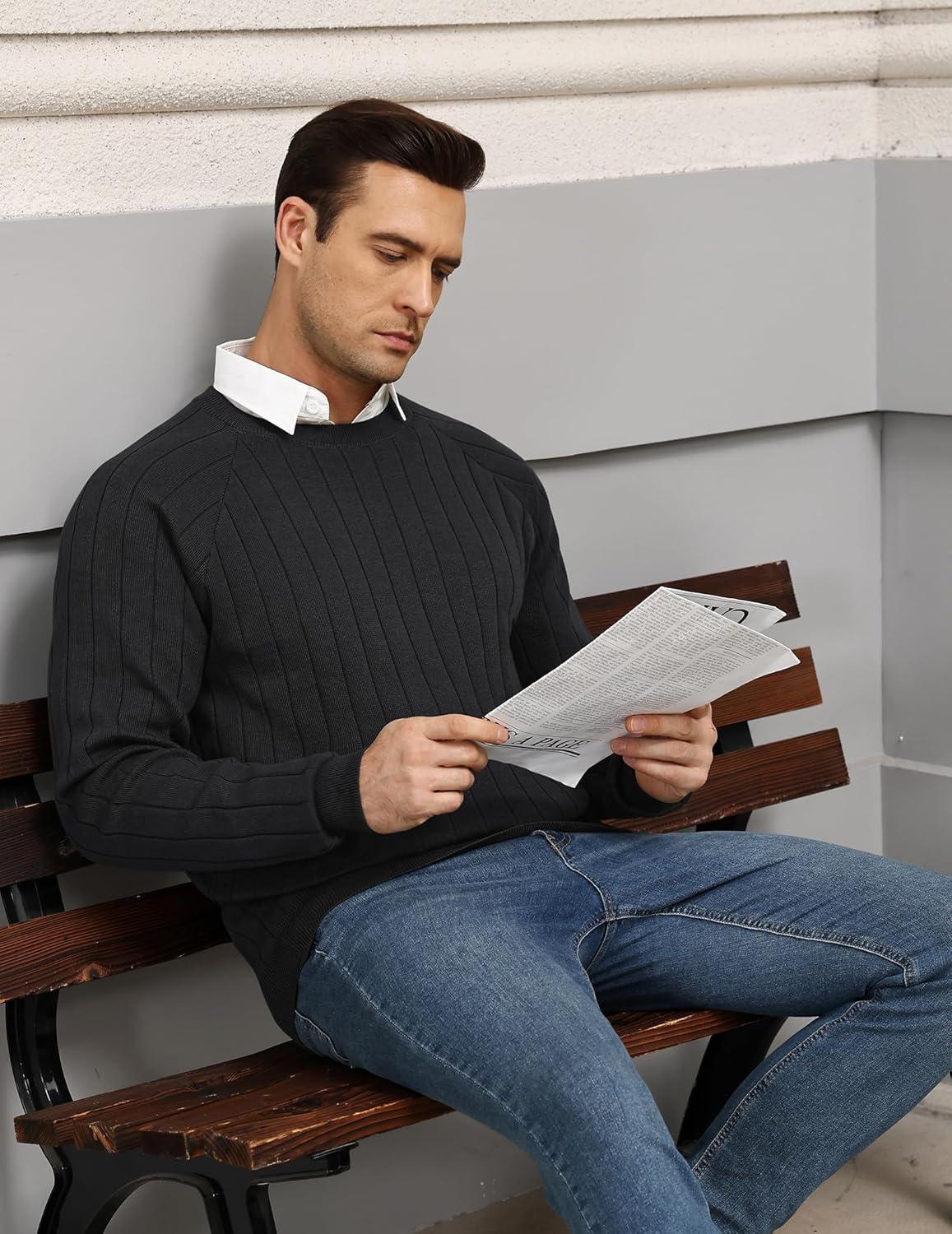 imageCOOFANDY Mens Crewneck Pullover Sweaters Business Casual Long Sleeve Slim Fit Sweater Chunky Cable Knit SweaterBlack