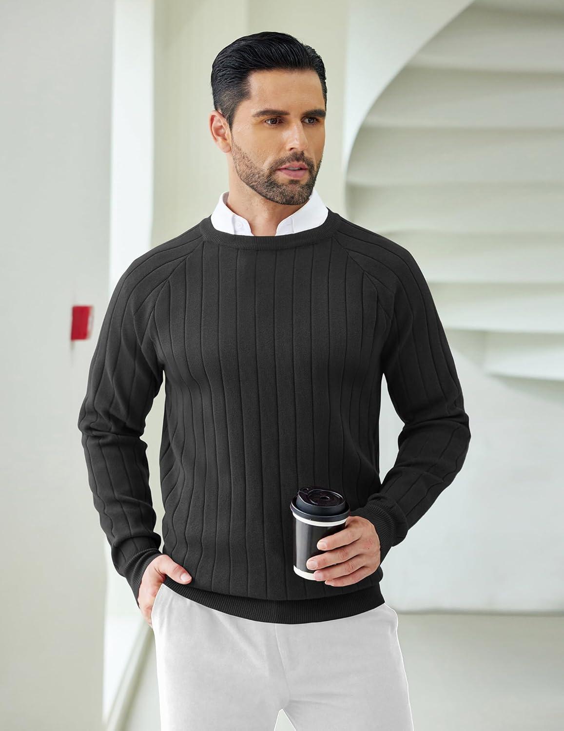 imageCOOFANDY Mens Crewneck Pullover Sweaters Business Casual Long Sleeve Slim Fit Sweater Chunky Cable Knit SweaterBlack
