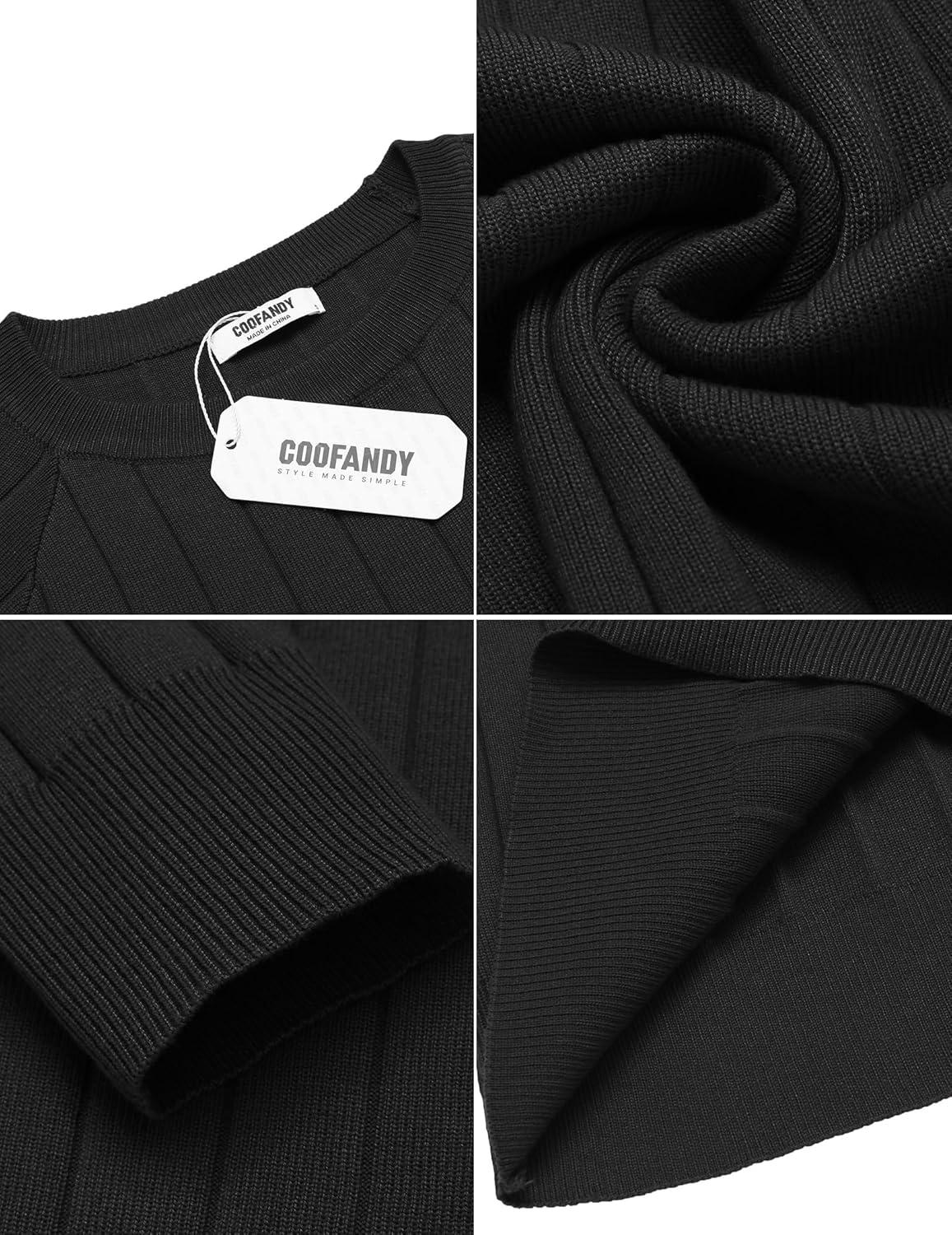 imageCOOFANDY Mens Crewneck Pullover Sweaters Business Casual Long Sleeve Slim Fit Sweater Chunky Cable Knit SweaterBlack