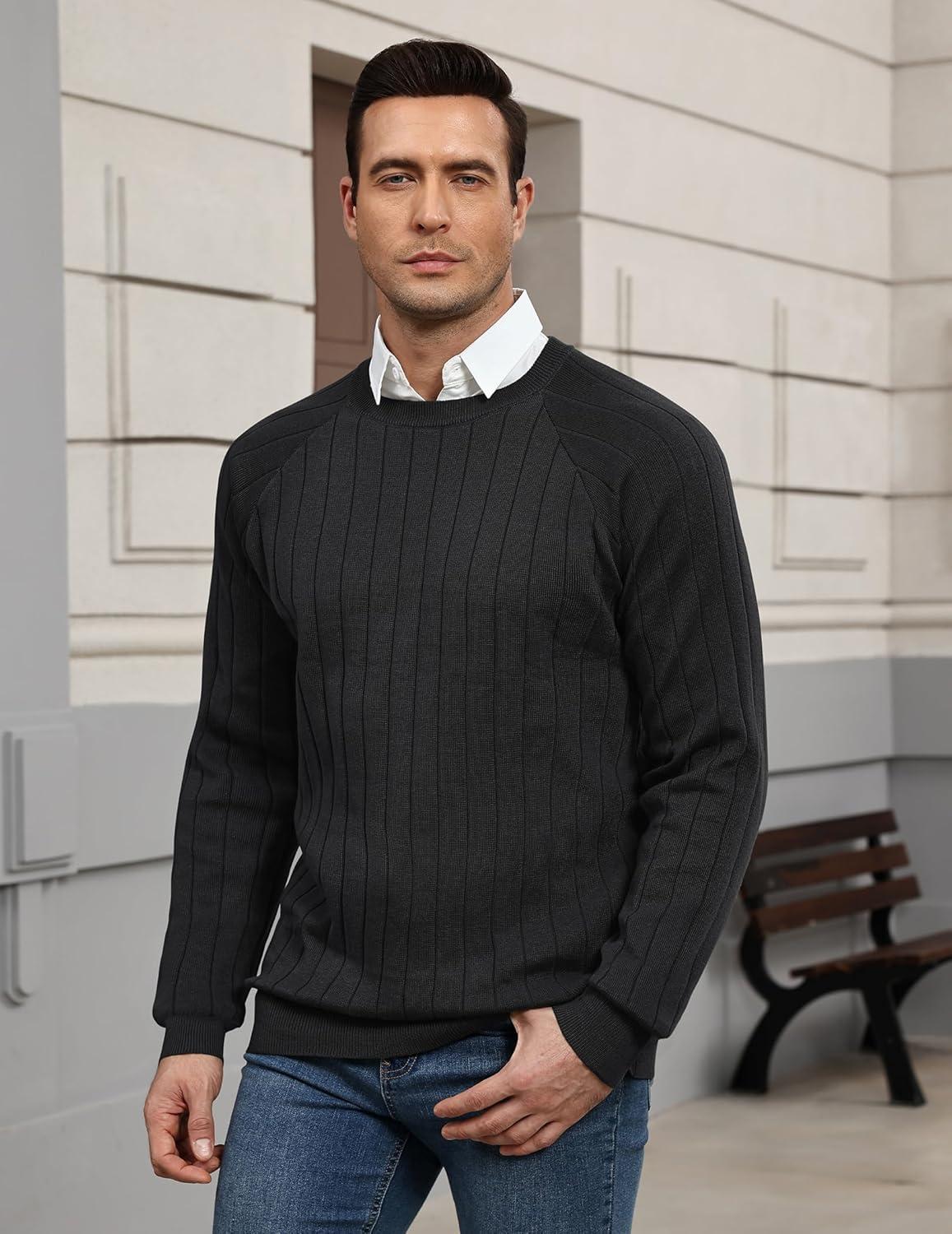 imageCOOFANDY Mens Crewneck Pullover Sweaters Business Casual Long Sleeve Slim Fit Sweater Chunky Cable Knit SweaterBlack