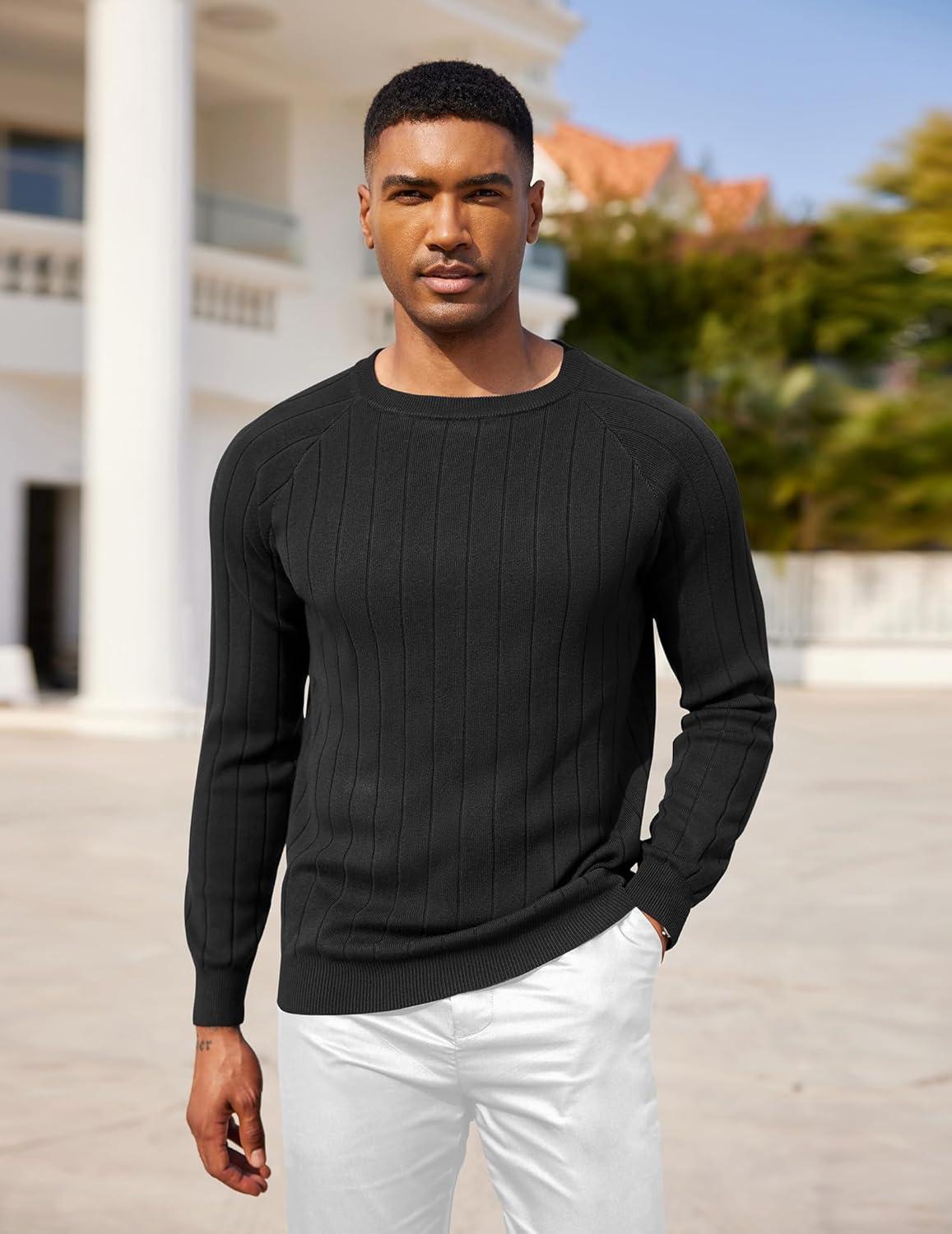 imageCOOFANDY Mens Crewneck Pullover Sweaters Business Casual Long Sleeve Slim Fit Sweater Chunky Cable Knit SweaterBlack