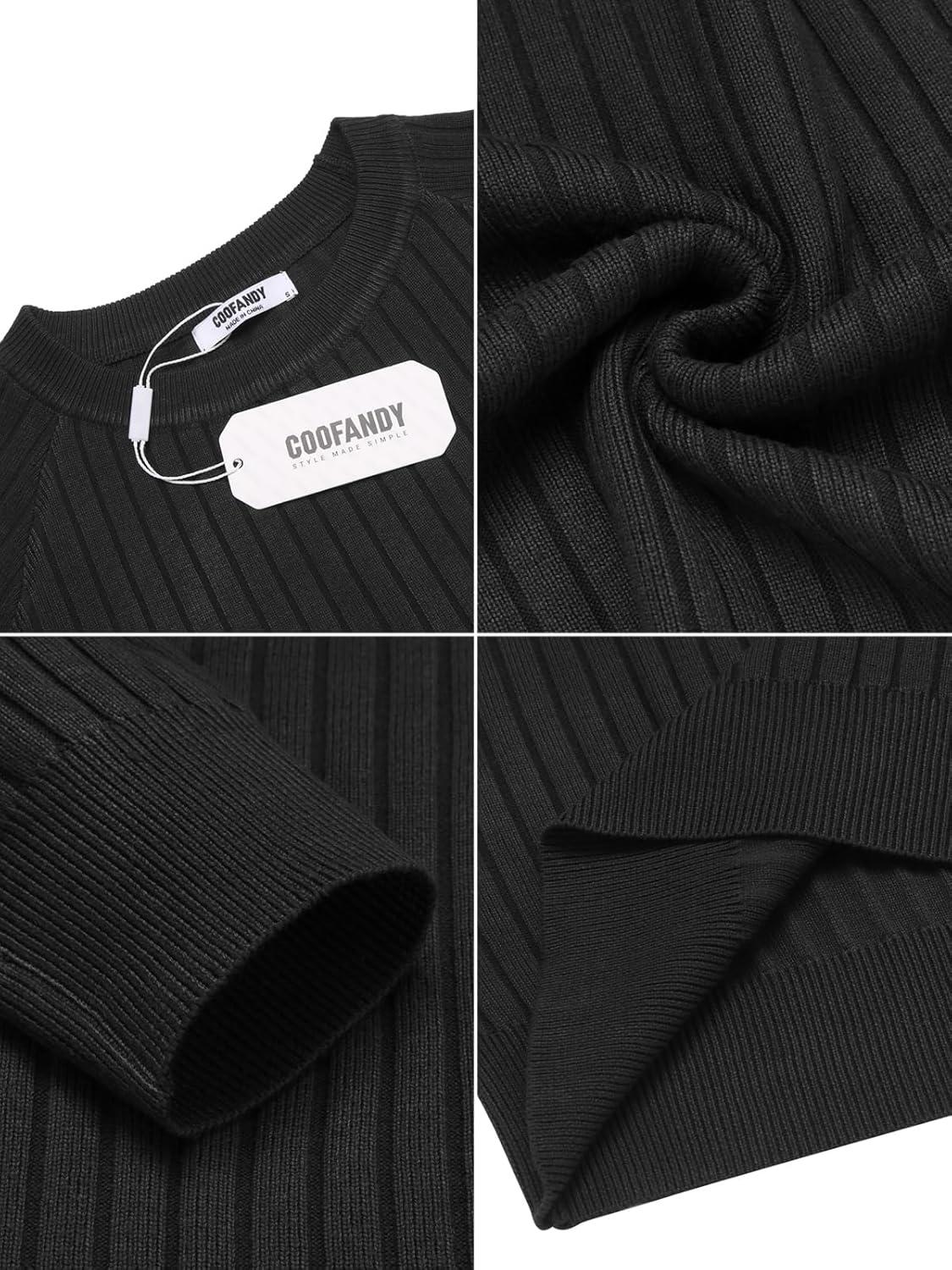 imageCOOFANDY Mens Crewneck Pullover Sweaters Business Casual Long Sleeve Slim Fit Sweater Chunky Cable Knit SweaterBlacknarrow Ribs