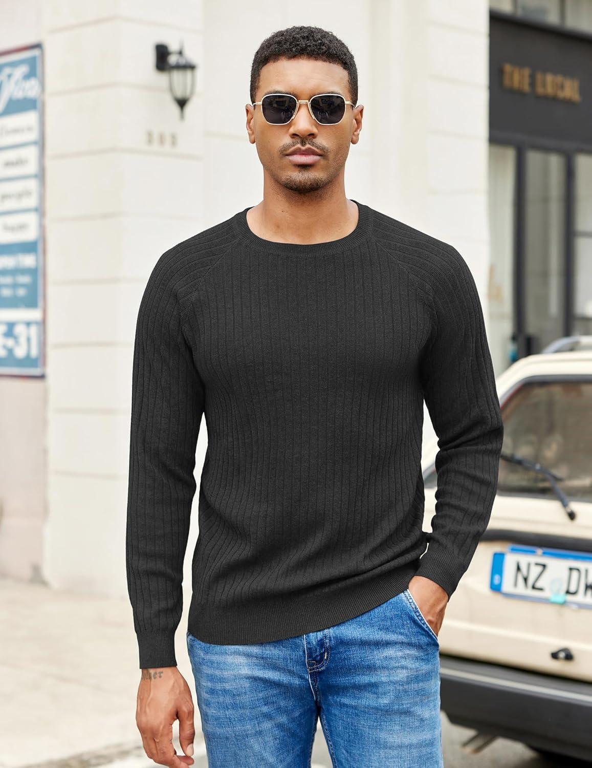 imageCOOFANDY Mens Crewneck Pullover Sweaters Business Casual Long Sleeve Slim Fit Sweater Chunky Cable Knit SweaterBlacknarrow Ribs