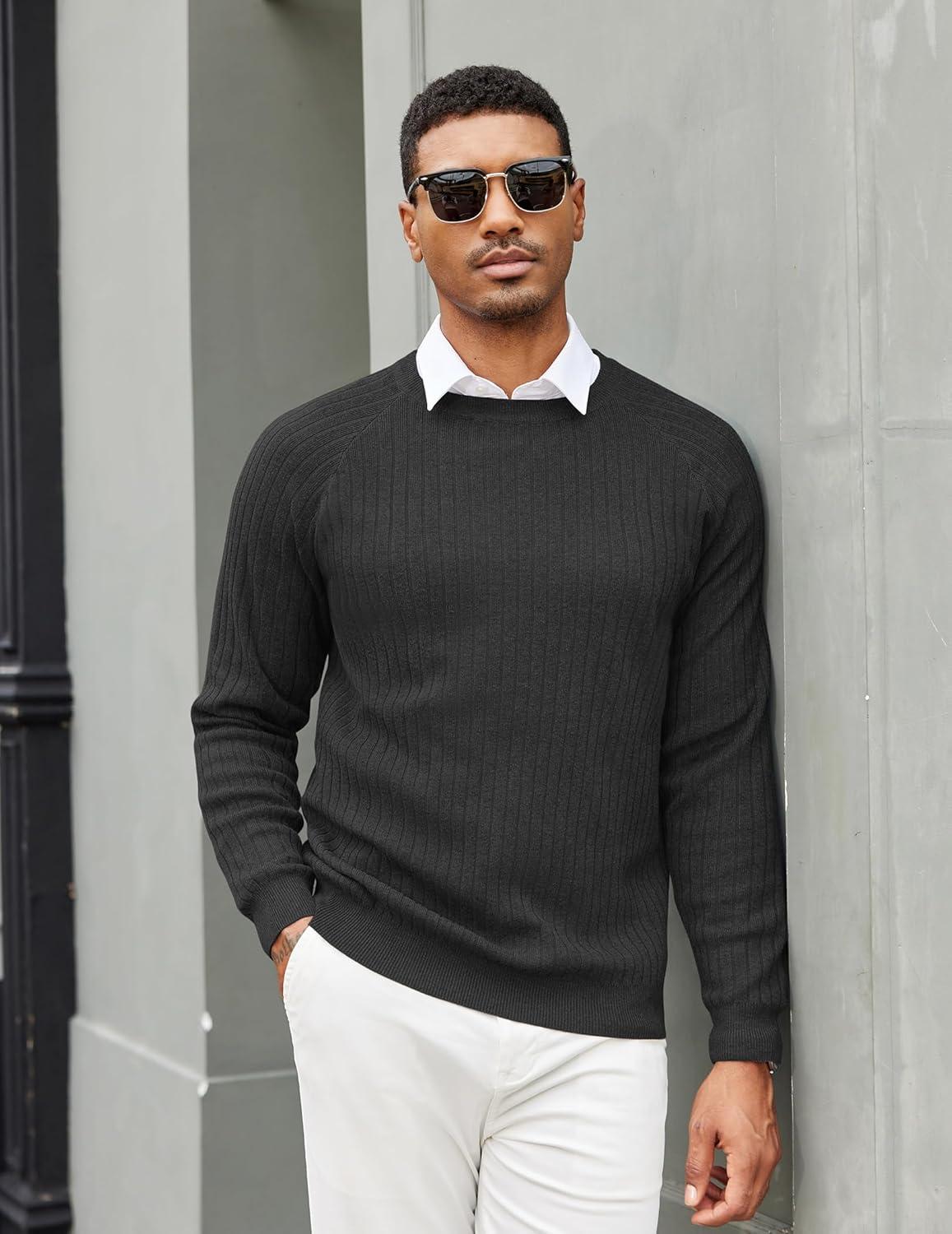 imageCOOFANDY Mens Crewneck Pullover Sweaters Business Casual Long Sleeve Slim Fit Sweater Chunky Cable Knit SweaterBlacknarrow Ribs