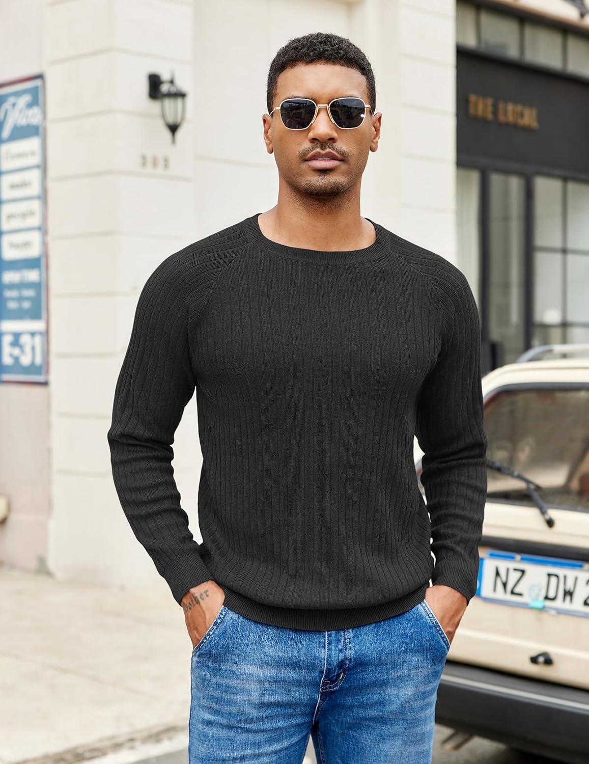 imageCOOFANDY Mens Crewneck Pullover Sweaters Business Casual Long Sleeve Slim Fit Sweater Chunky Cable Knit SweaterBlacknarrow Ribs