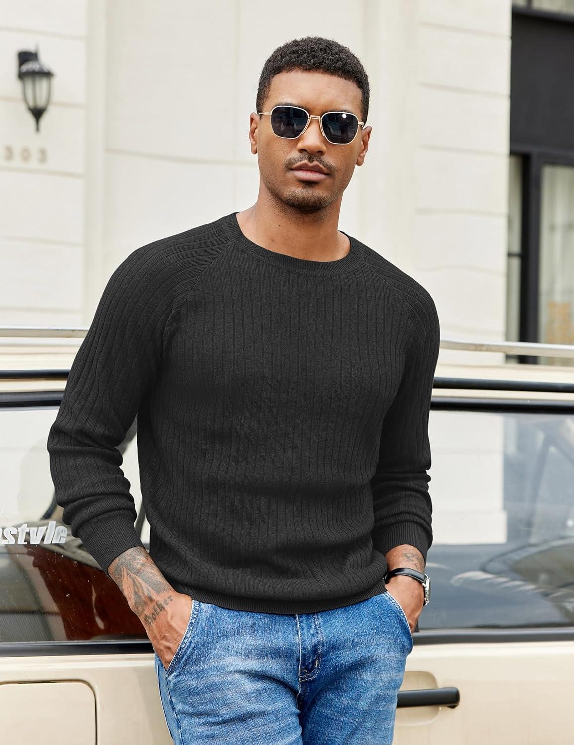 imageCOOFANDY Mens Crewneck Pullover Sweaters Business Casual Long Sleeve Slim Fit Sweater Chunky Cable Knit SweaterBlacknarrow Ribs