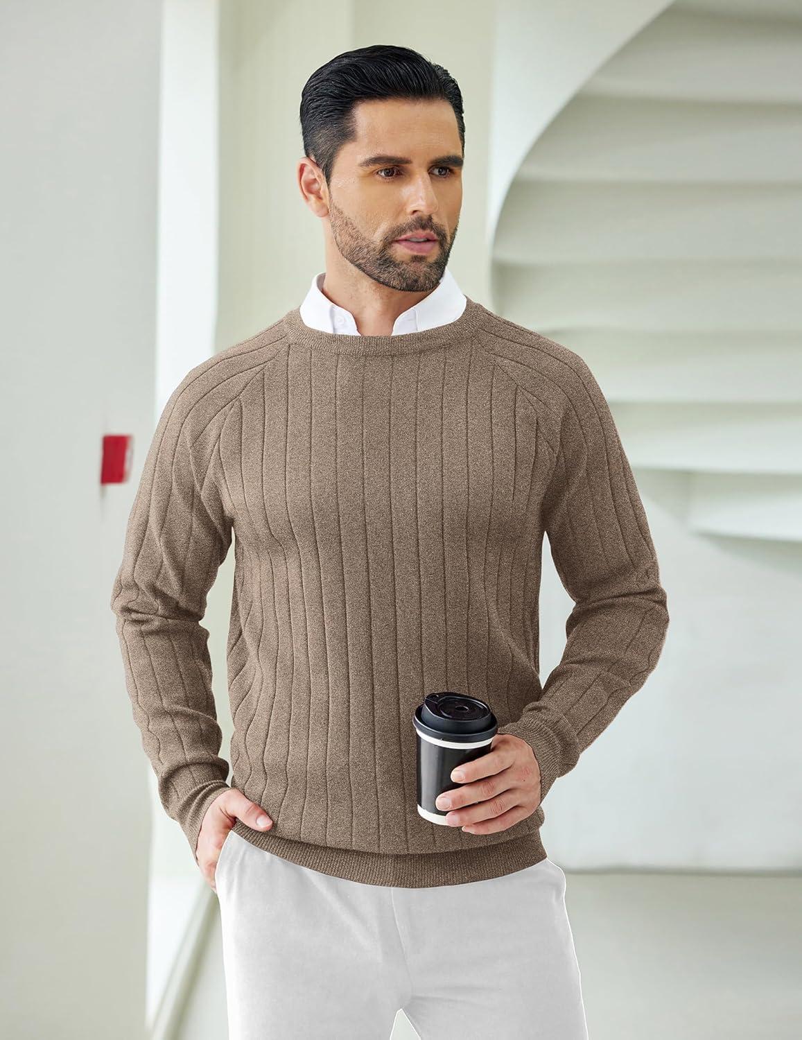 imageCOOFANDY Mens Crewneck Pullover Sweaters Business Casual Long Sleeve Slim Fit Sweater Chunky Cable Knit SweaterBrown