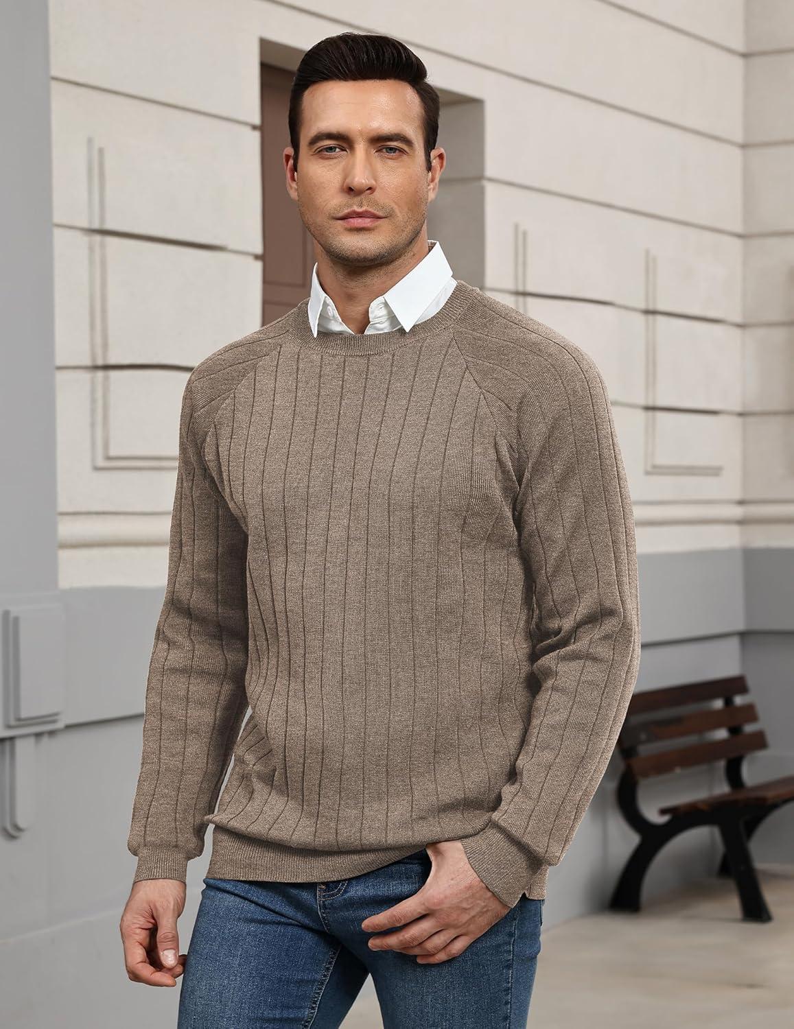 imageCOOFANDY Mens Crewneck Pullover Sweaters Business Casual Long Sleeve Slim Fit Sweater Chunky Cable Knit SweaterBrown