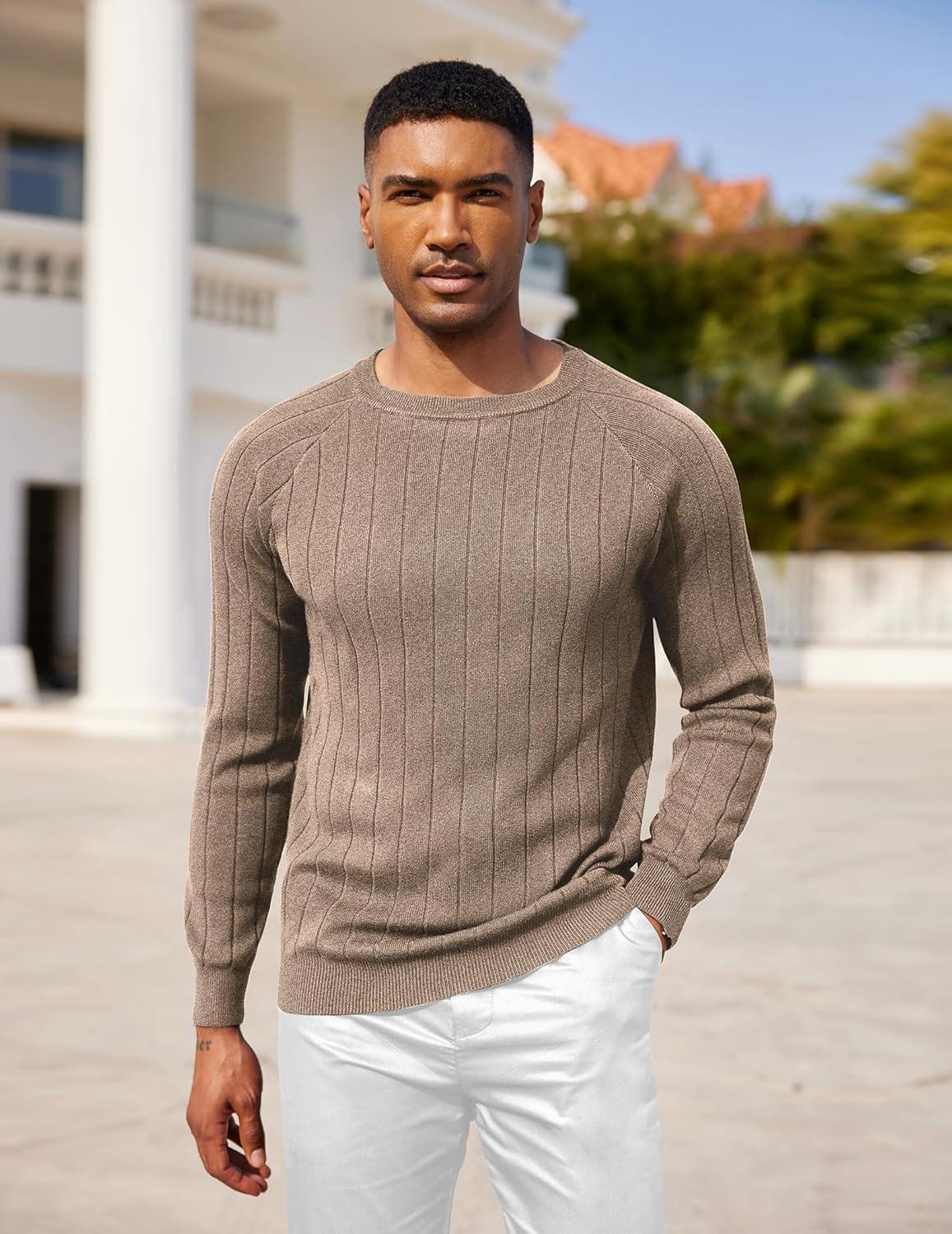 imageCOOFANDY Mens Crewneck Pullover Sweaters Business Casual Long Sleeve Slim Fit Sweater Chunky Cable Knit SweaterBrown