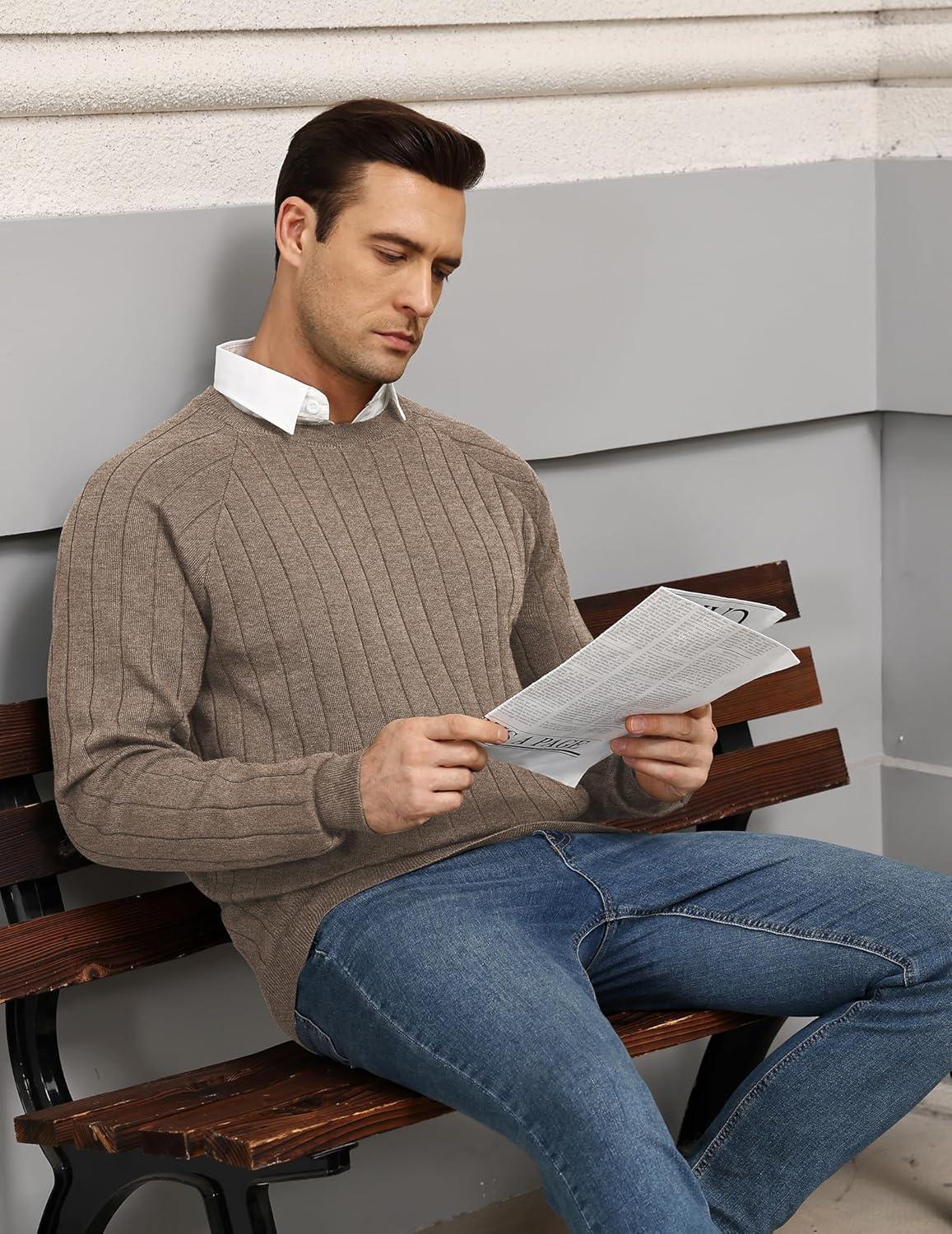 imageCOOFANDY Mens Crewneck Pullover Sweaters Business Casual Long Sleeve Slim Fit Sweater Chunky Cable Knit SweaterBrown