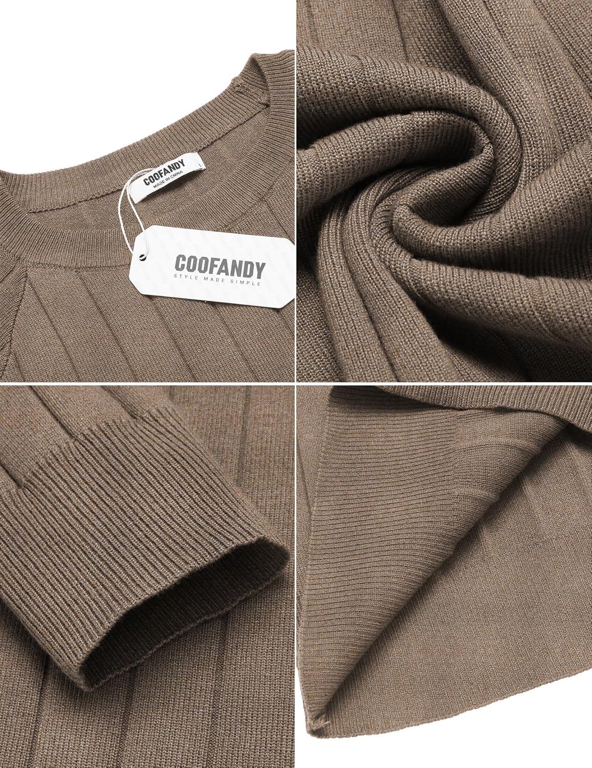 imageCOOFANDY Mens Crewneck Pullover Sweaters Business Casual Long Sleeve Slim Fit Sweater Chunky Cable Knit SweaterBrown