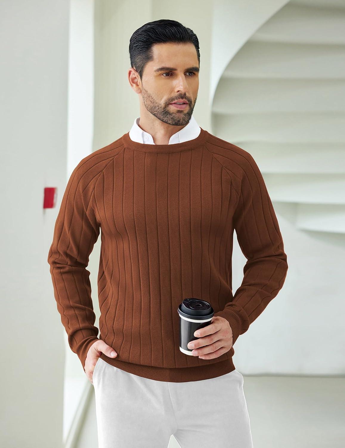 imageCOOFANDY Mens Crewneck Pullover Sweaters Business Casual Long Sleeve Slim Fit Sweater Chunky Cable Knit SweaterCaramel