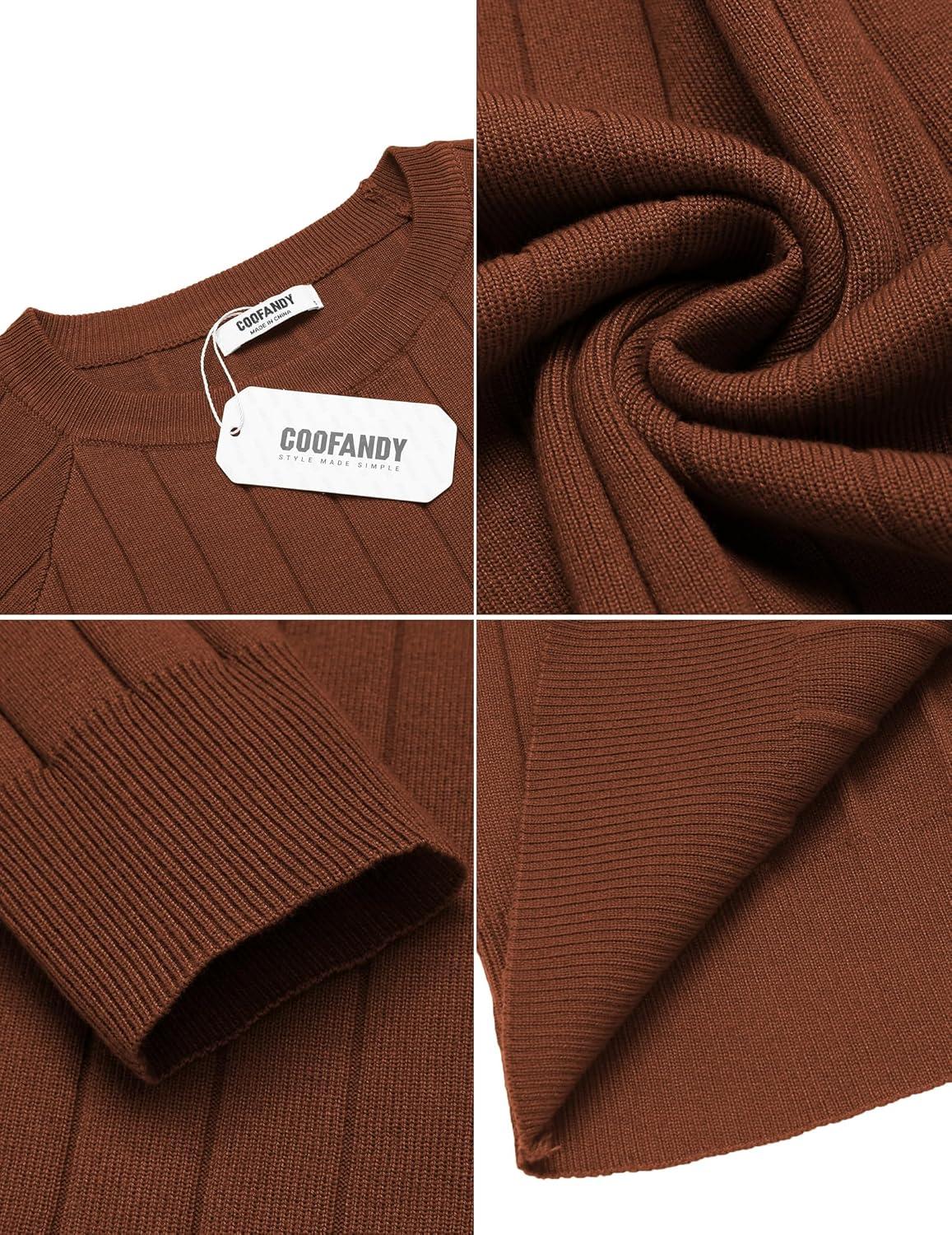 imageCOOFANDY Mens Crewneck Pullover Sweaters Business Casual Long Sleeve Slim Fit Sweater Chunky Cable Knit SweaterCaramel